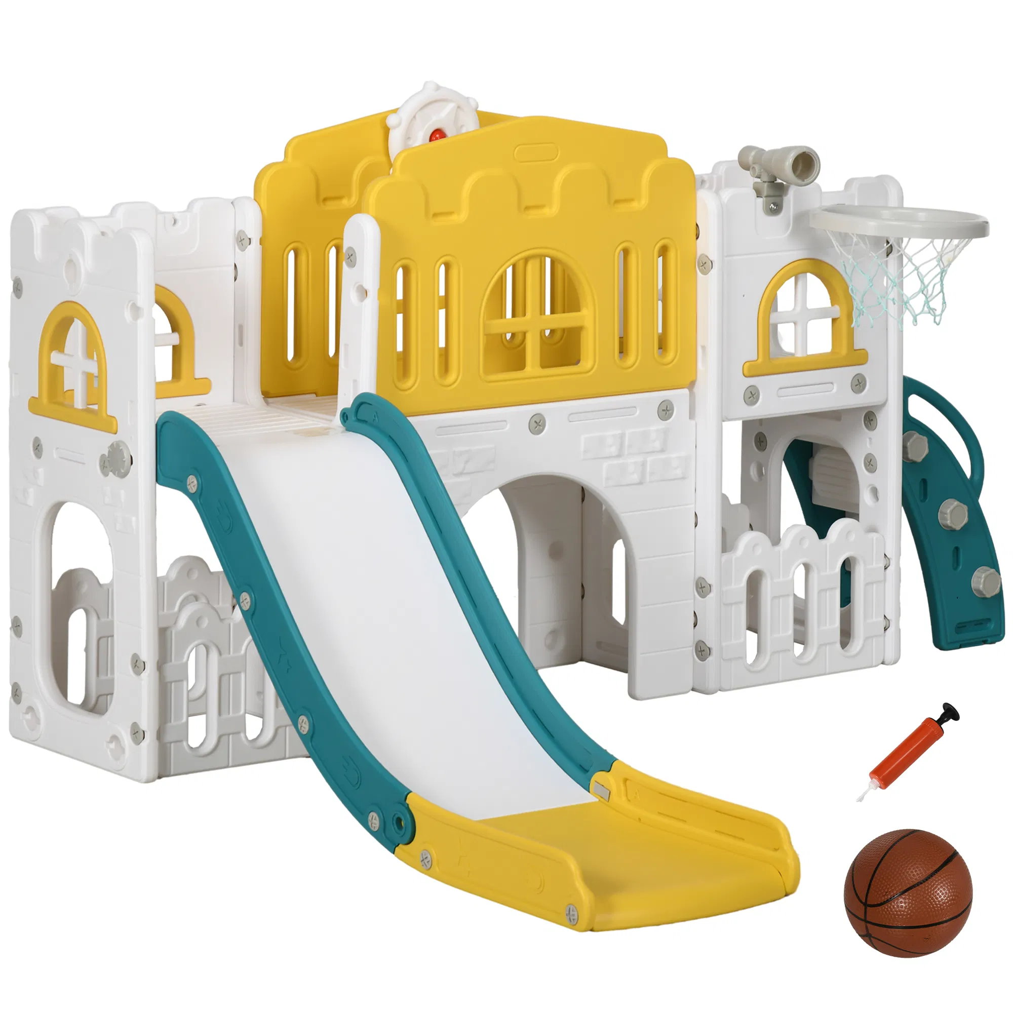 7 in 1 Toddler Slide with Basketball Hoop, Climber, Telescope, Tunnel, Steering Wheel, for 1-3 Years, Yellow photo 1