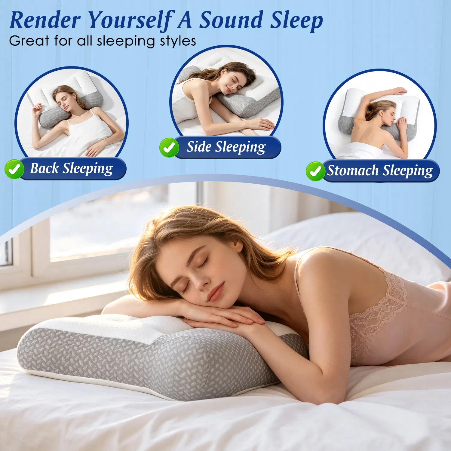 Contoured Dual-Height Bed Pillow with Ear Slot, Breathable Knit Mesh Cover, Down-Alternative Filling Pillow for Household Bedroom Sleeping photo 8