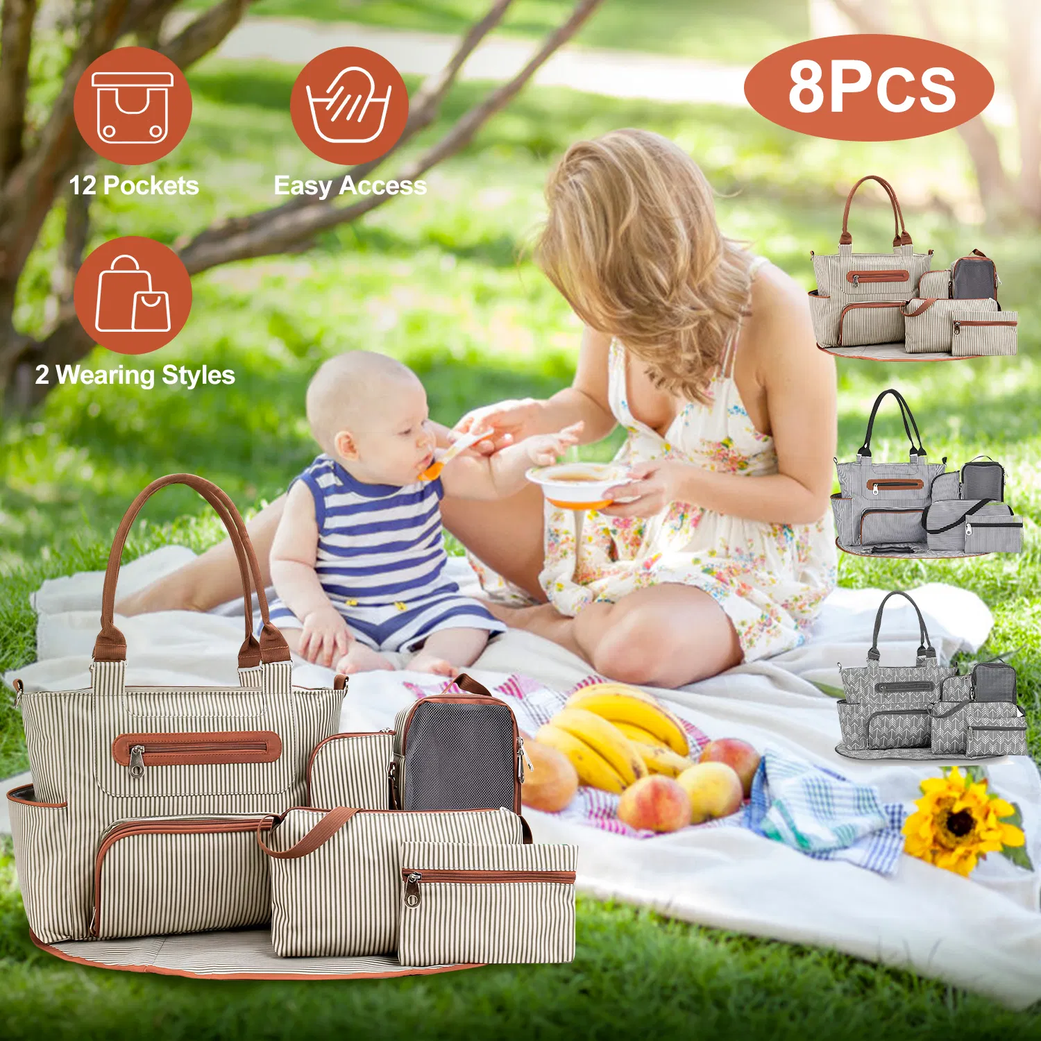 8PCS Baby Diaper Bag Set - Spacious 12-Pocket Design with Bottle Bag, Diaper Pad & Burp Cloths - 2 Carrying Ways, Wide Opening for Easy Access - Ideal for Parents photo 5