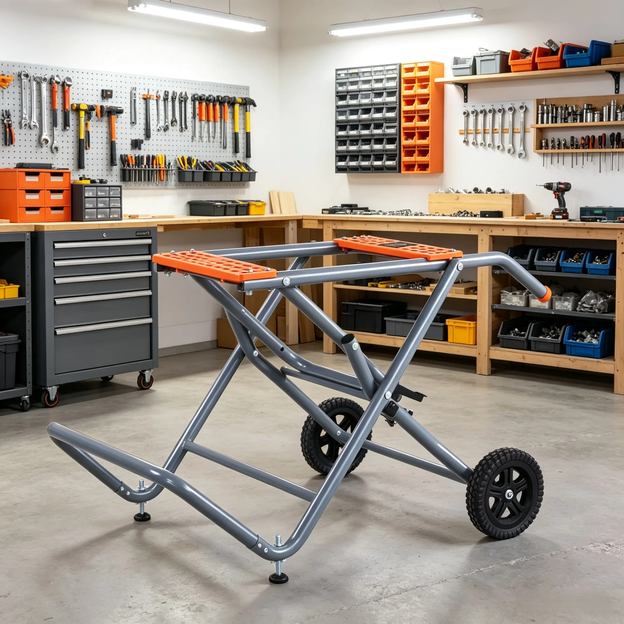 350 lbs Portable Table Saw Stand, Rolling Foldable Heavy Duty Construction with 8 Inch Rubber Wheels, Universal Fit for Most Table Saws, Easy Storage photo 6