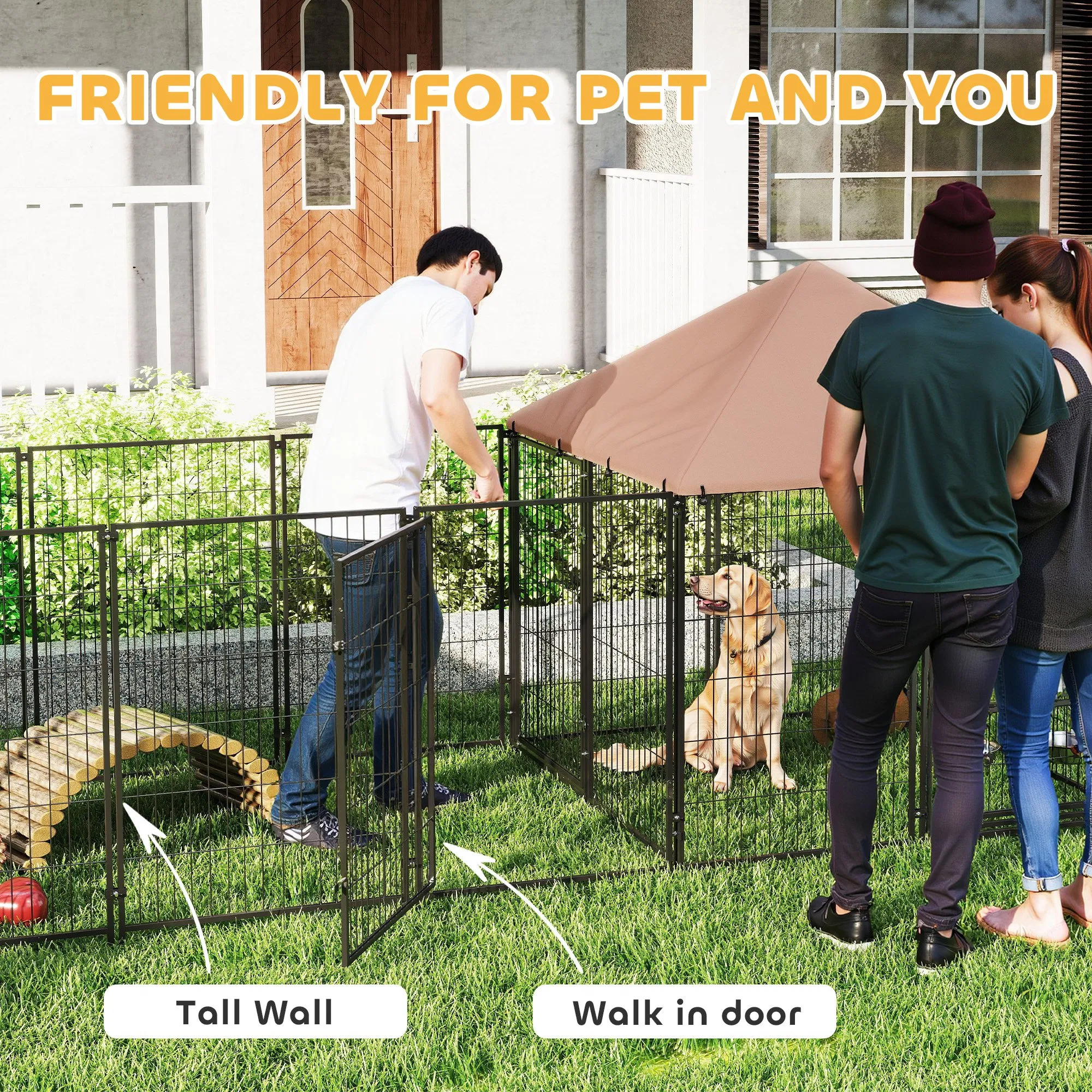 Outdoor Dog Kennel with 2 Rooms, Rotating & Adjustable Height Bowls, Waterproof UV-Resistant Cover, 16.2' x 4.7' x 5.1' photo 3
