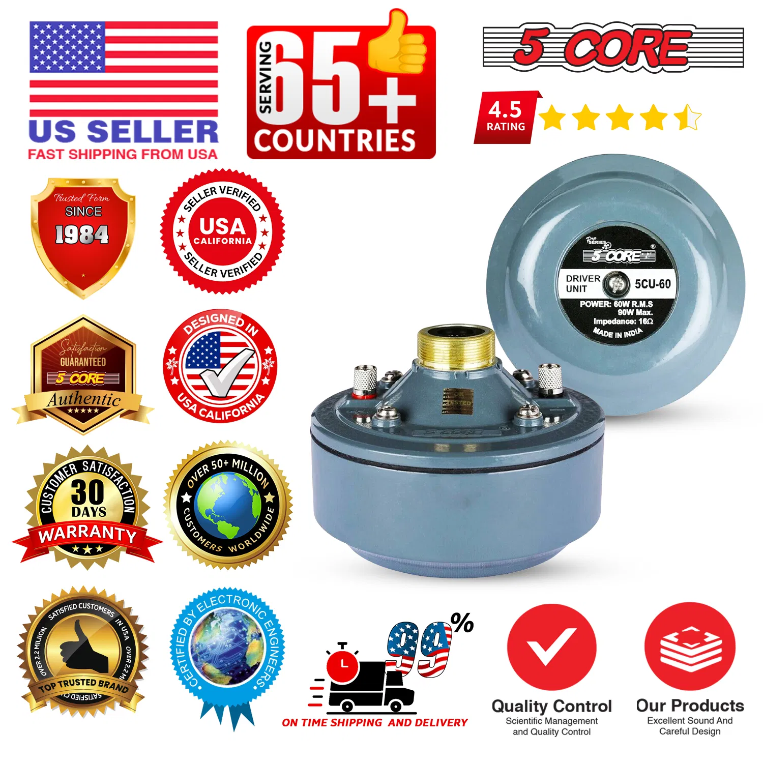 5 Core Compression Driver 2" Horn Tweeter 600W Titanium Diaphragm 16 Ohms 18 TPI All Weather Use photo 6