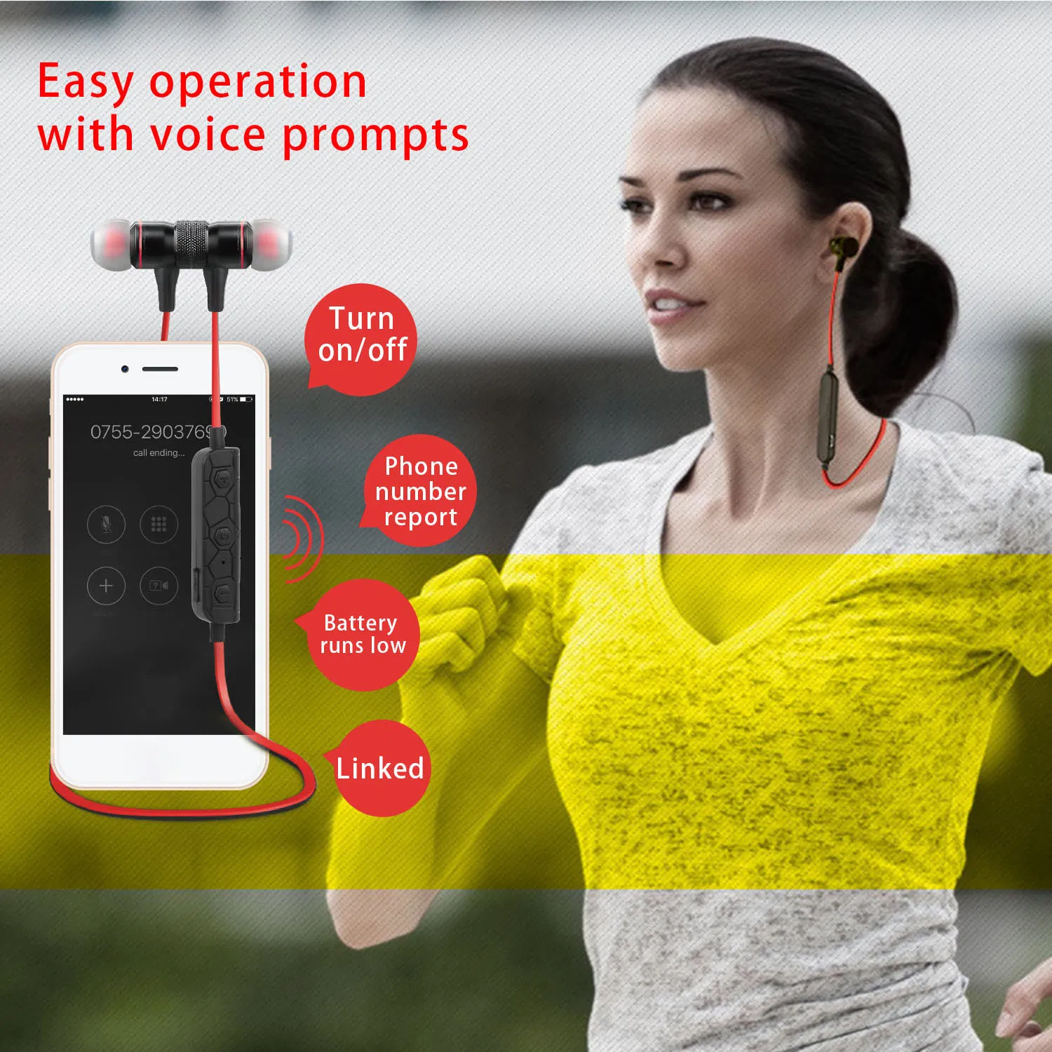 Wireless Headsets In-Ear Neckband Headphones Sweat-proof Sport Earbuds w/ Call Alert Number Broadcast photo 8