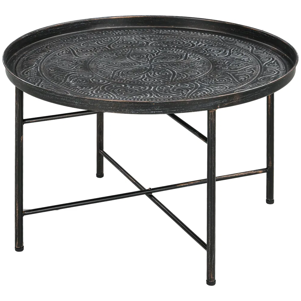 Vintage Coffee Table for Living Room, 24" Round Center Table with Hammered Tray Top and Metal Frame, Pewter photo 7