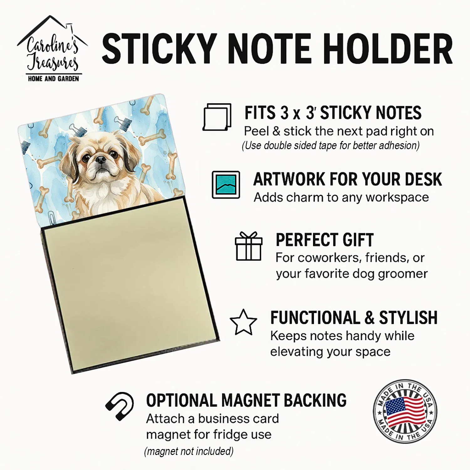 Fawn Pekingese Coworker Watercolor Sticky Note Holder Refillable Dispenser Desk Accessory 3x3 Pad Gift photo 6