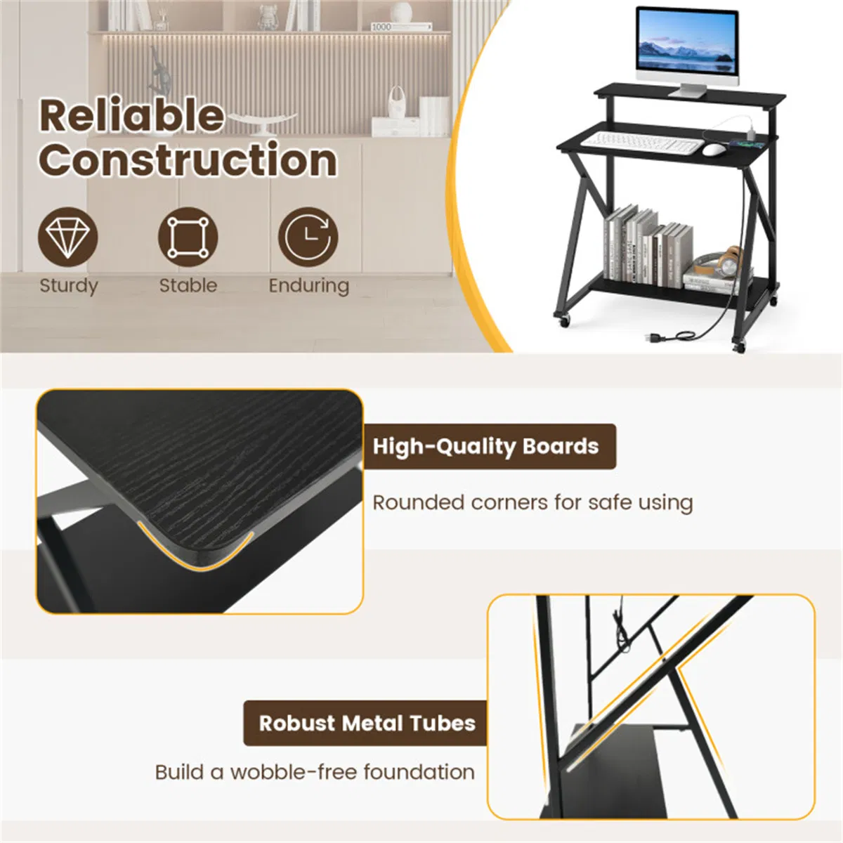 Black Rolling Computer Desk with Power Strip 32" Mobile Office Desk with Monitor Stand photo 2