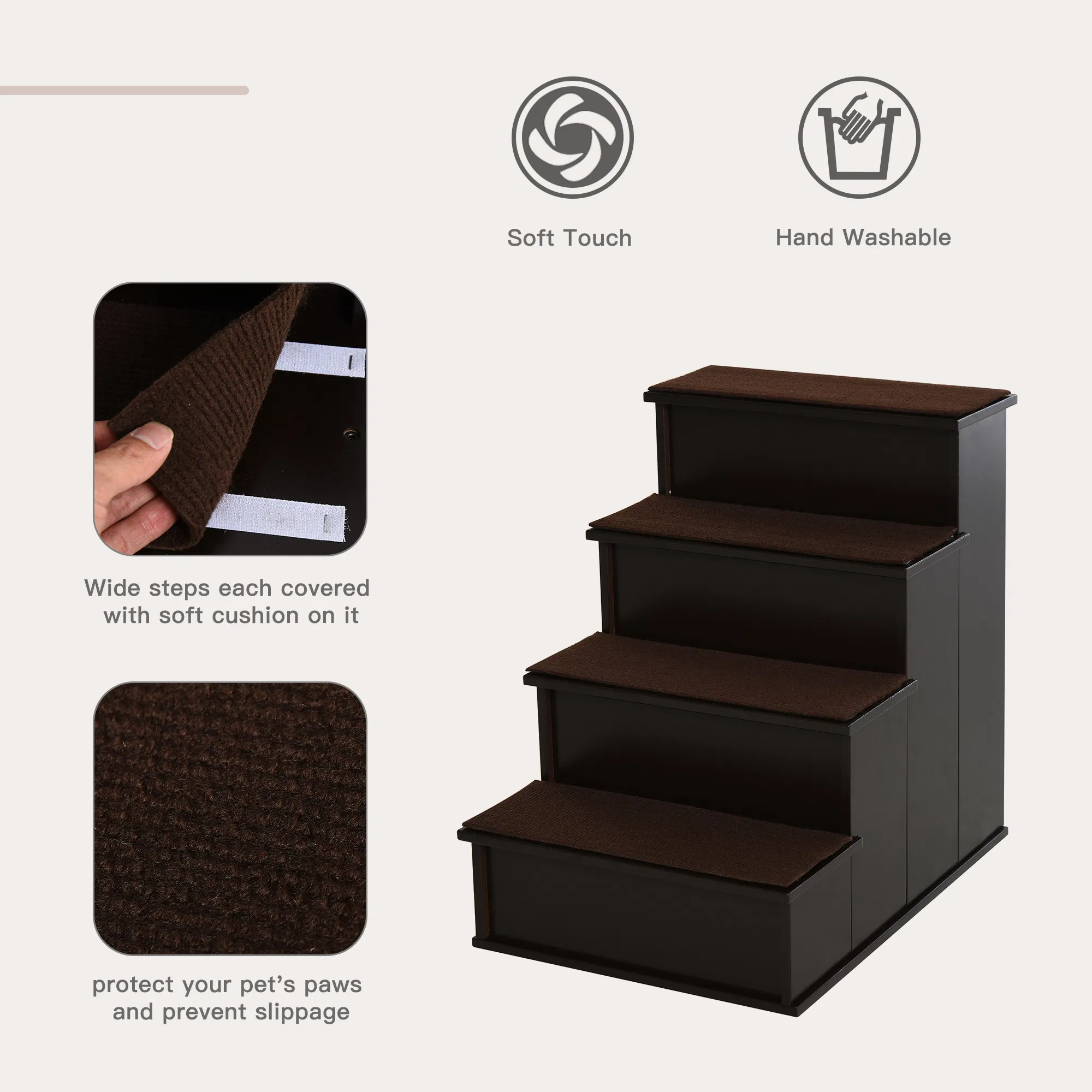 4 Levels Wooden Dog Steps Pet Stairs for High Bed, Cat Ladder for Bed Couch with Non-Slip Carpet, Dark Coffee photo 2