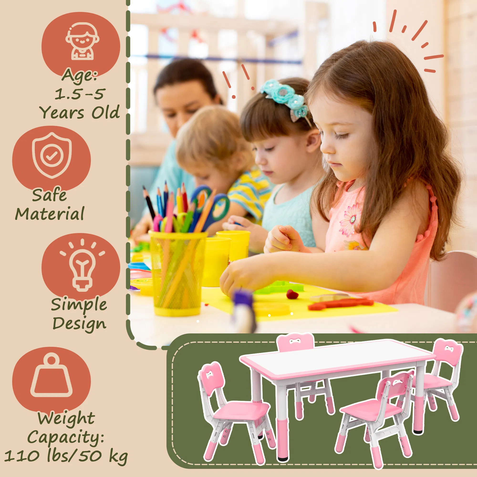 Kids Table and Chair Set with 4 Chairs, Adjustable Height, Easy to Clean, for 1.5 - 5 Years Old, Pink photo 4