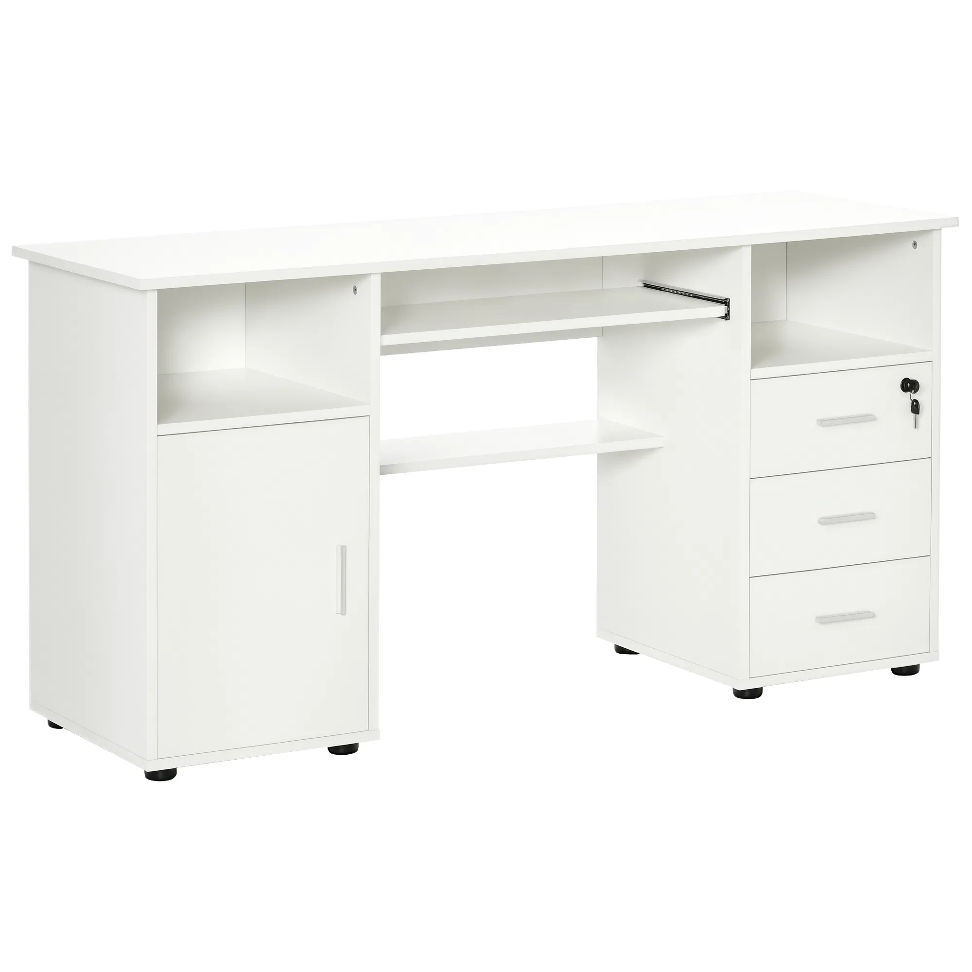 Computer Desk with Keyboard Tray and Drawers, Writing Desk, Home Office Workstation, White photo 1