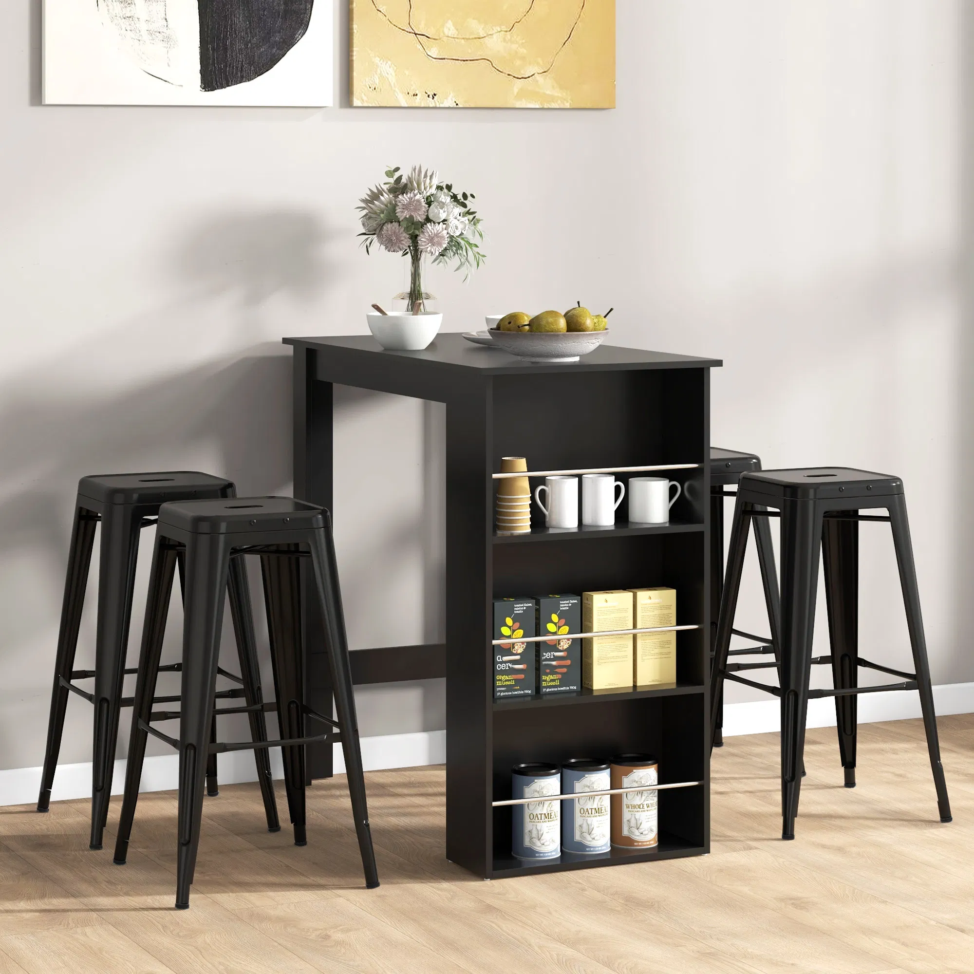 Bar Table Counter Height Dining Table with 3 Storage Shelves for Kitchen, Dining Room, Living Room, Black photo 6