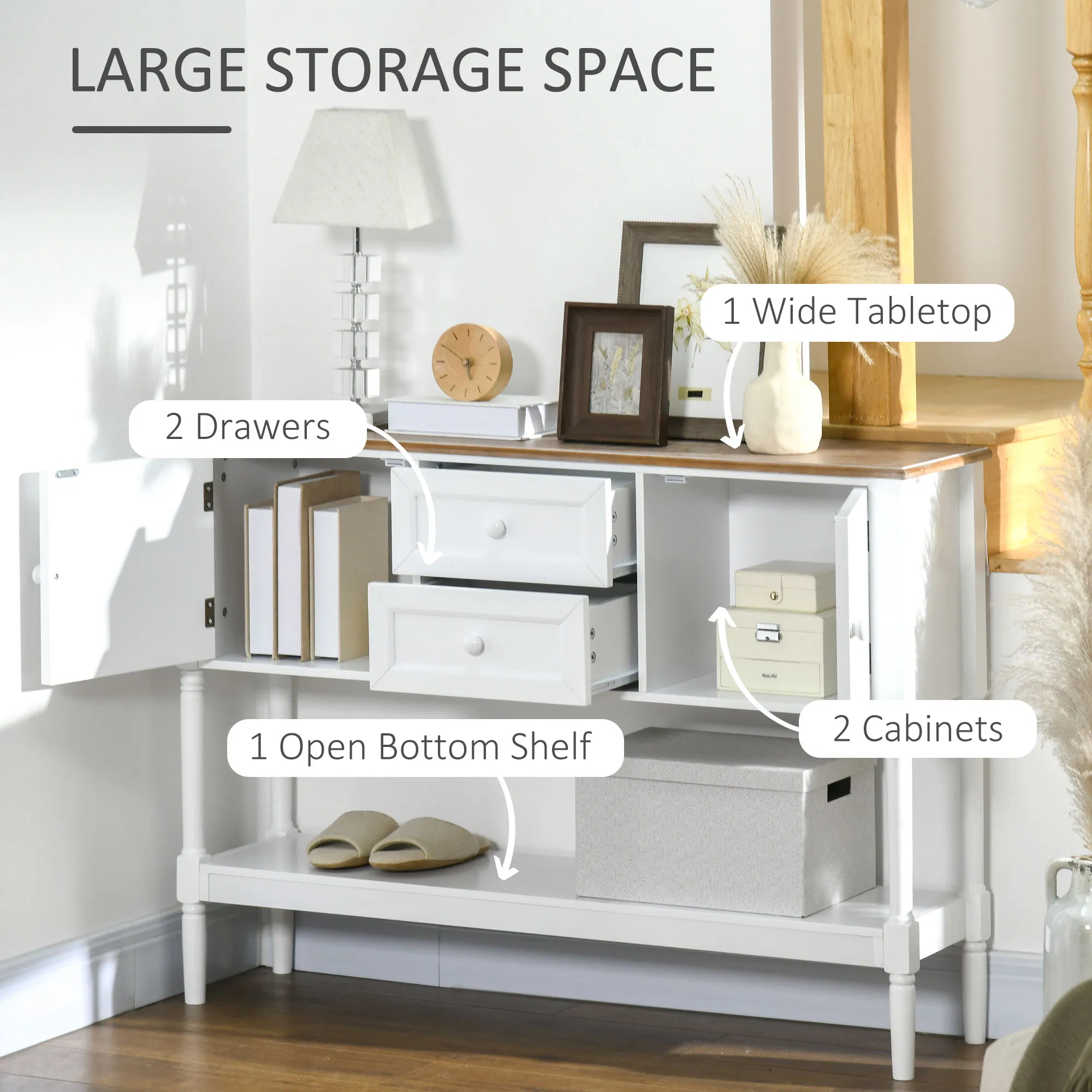 Vintage Console Table with 2 Drawers and Cabinets, Retro Sofa Table for Entryway, Living Room and Bedroom, White photo 3