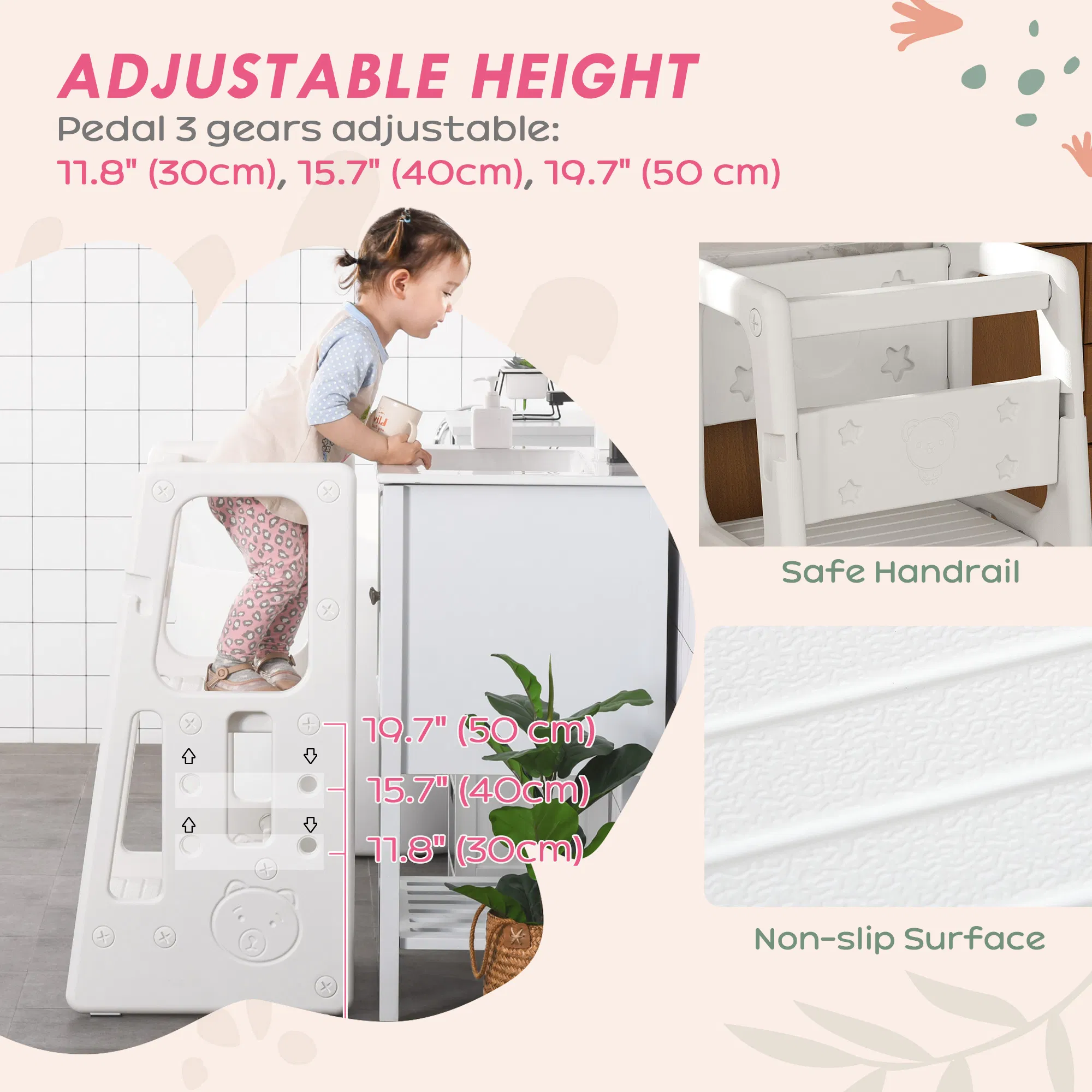 Toddler Kitchen Helper 2 Step Stool with Adjustable Height Platform and Safety Rail, White photo 6