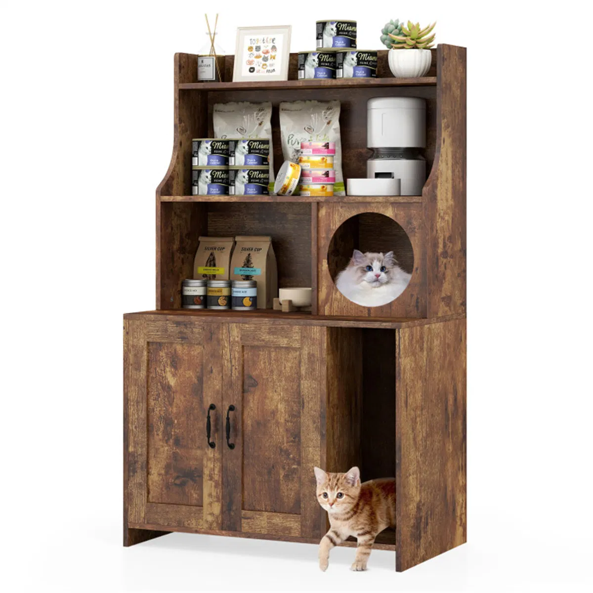 Wooden Hidden Cat Litter Box Enclosure with Storage Shelves Anti-Toppling Design Industrial Style Brown photo 1