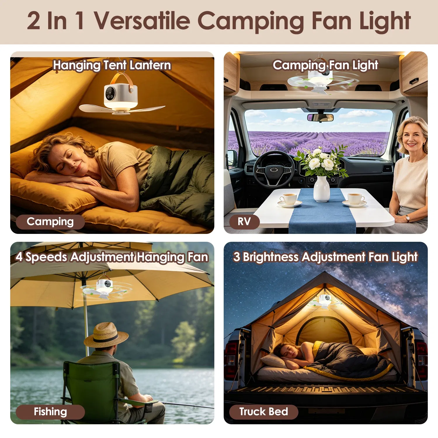 Portable Tent Ceiling Fan Built-in LED Lantern Remote Controlled Timing Fan Light for Camping Beach RV Indoor Use photo 6