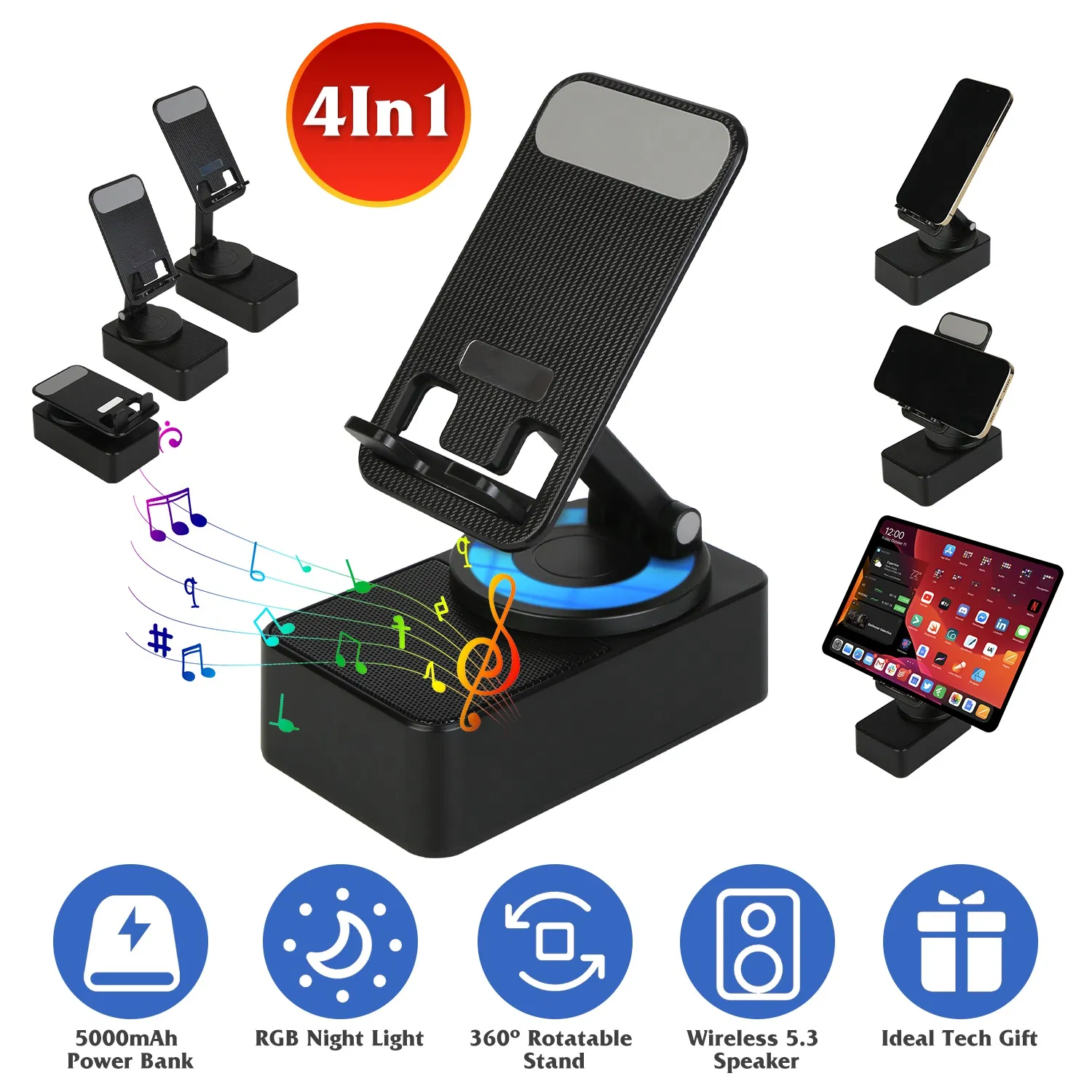 1Pc 4 In 1 Foldable Wireless Speaker Phone Stand With Power Bank 360ºRotatable Stand Wireless 5.3 Speaker 5000mAh Battery RGB Light for Phones iPads photo 1