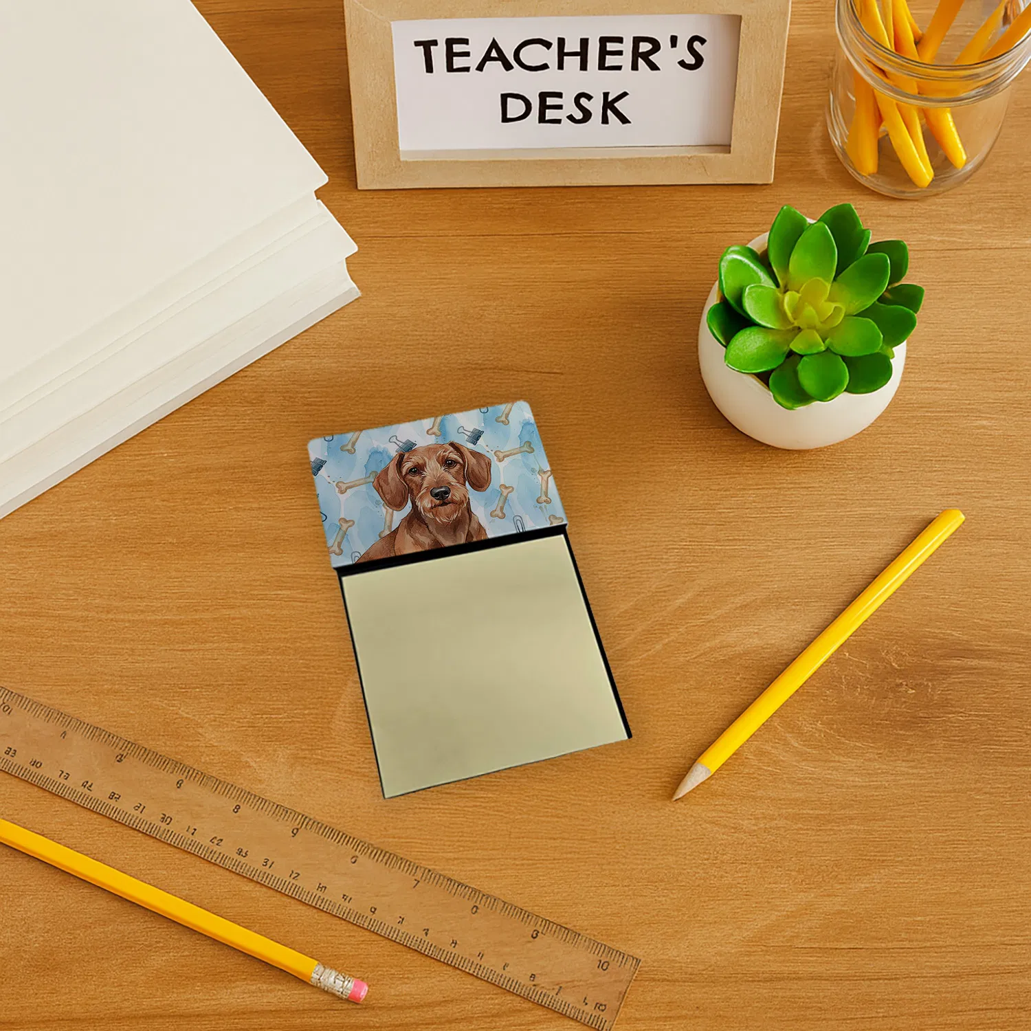 Wirehaired Red Dachshund Coworker Watercolor Sticky Note Holder Refillable Dispenser Desk Accessory 3x3 Pad Gift photo 5