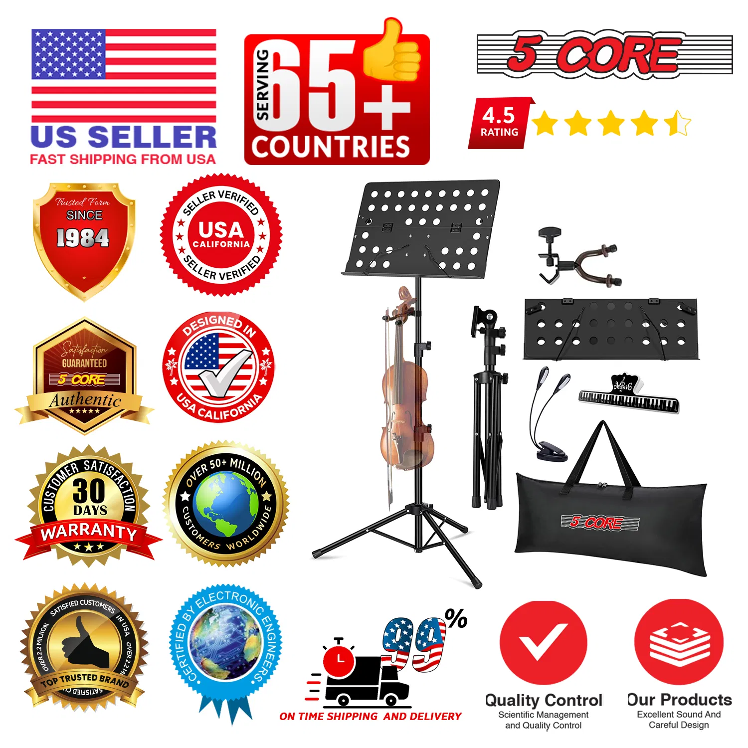 5 Core Music Stand For Sheet Music Height Adjustable Portable Folding Atril Para Partituras w Light Clip for Guitar Players Violinists Cellists Pianists photo 2