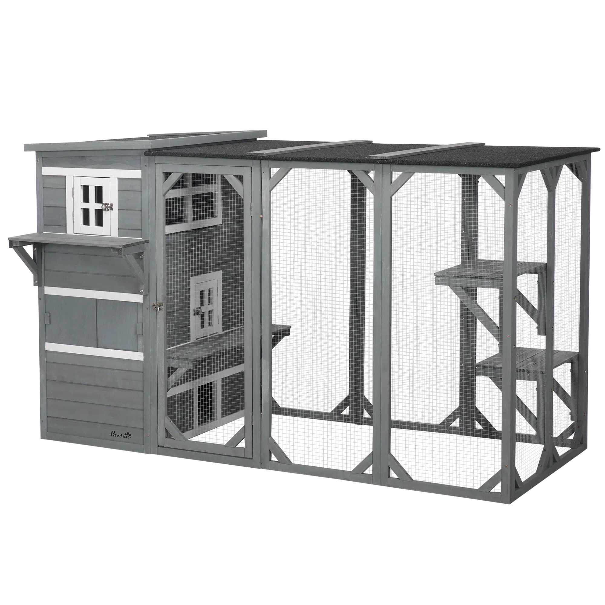 Wooden Cat Catio, 76"L Walk in Outdoor Cat House with Asphalt Roof, Platforms, Lockable Doors, 3-tier Resting Condo, Observation Window, for 2-3 Cats, Light Grey photo 1