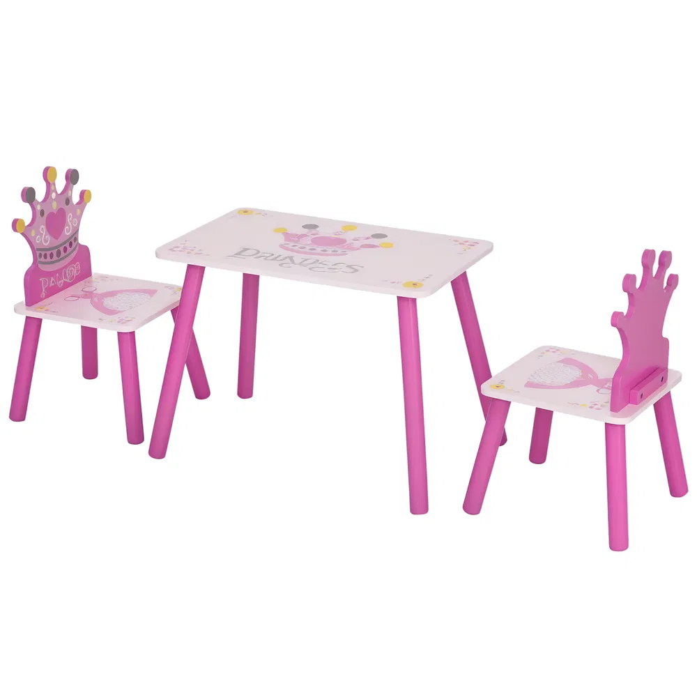 3-Piece Set Kids Wooden Table Chair with Crown Pattern Easy to Clean Gift for Girls Toddlers Age 2-4 Years Old Pink photo 7