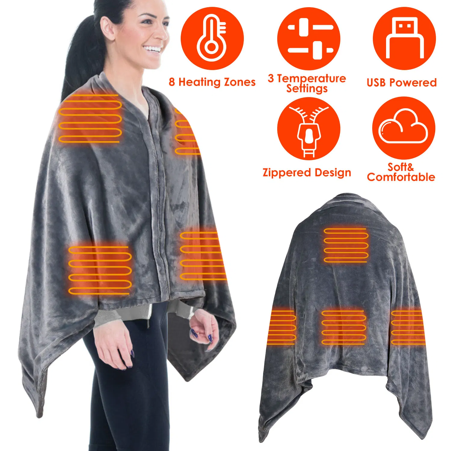 USB Heated Blanket Electric Heated Blanket Heated Poncho Shawl Wrap Throw with Zipper Washable for Home Office 59*31in photo 1