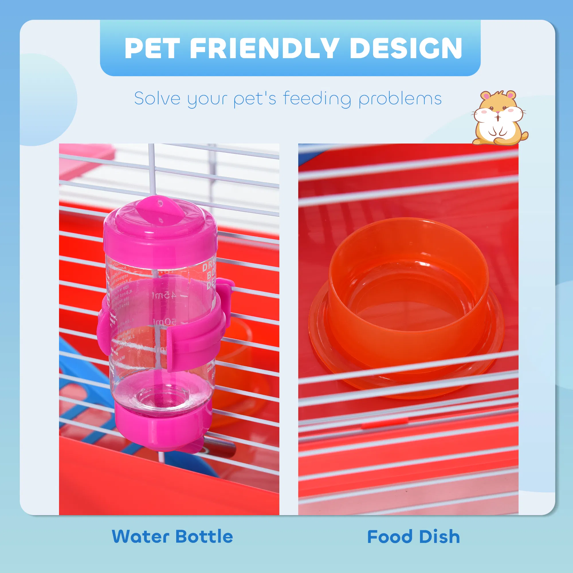 18.5'' Hamster Cage with Exercise Wheel and Water Bottle Dishes, Rat House and Habitats 2 Storey Design, Red photo 5