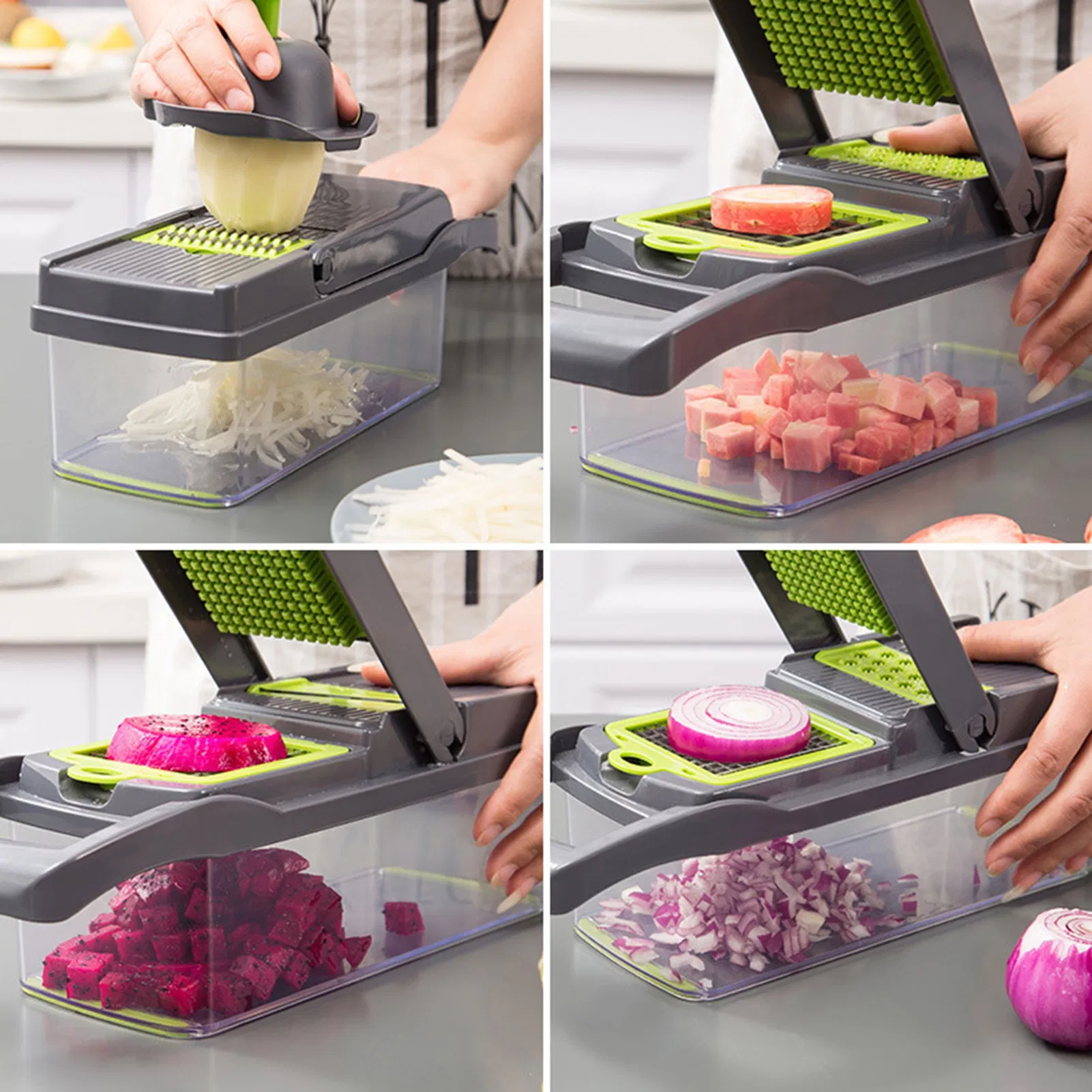 Vegetable Chopper Dicer with Container | Cheese Grater Mandoline Slicer Cabbage Shredder French Fry Cutter Stainless Steel for Veggie Onion Potato Fruit Food, Manual Hand Cooking Gadget for Kitchen photo 2