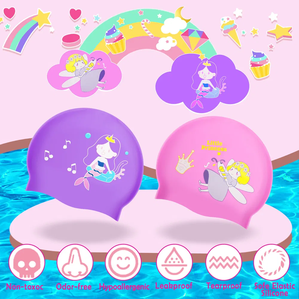 2 Pack Kids Swim Caps for Girls Boy Aged 9-15, Waterproof Bathing Cap for Long and Short Hair, Silicone Swimming Cap Swim Hats with Fairy Mermaid Cartoon photo 6