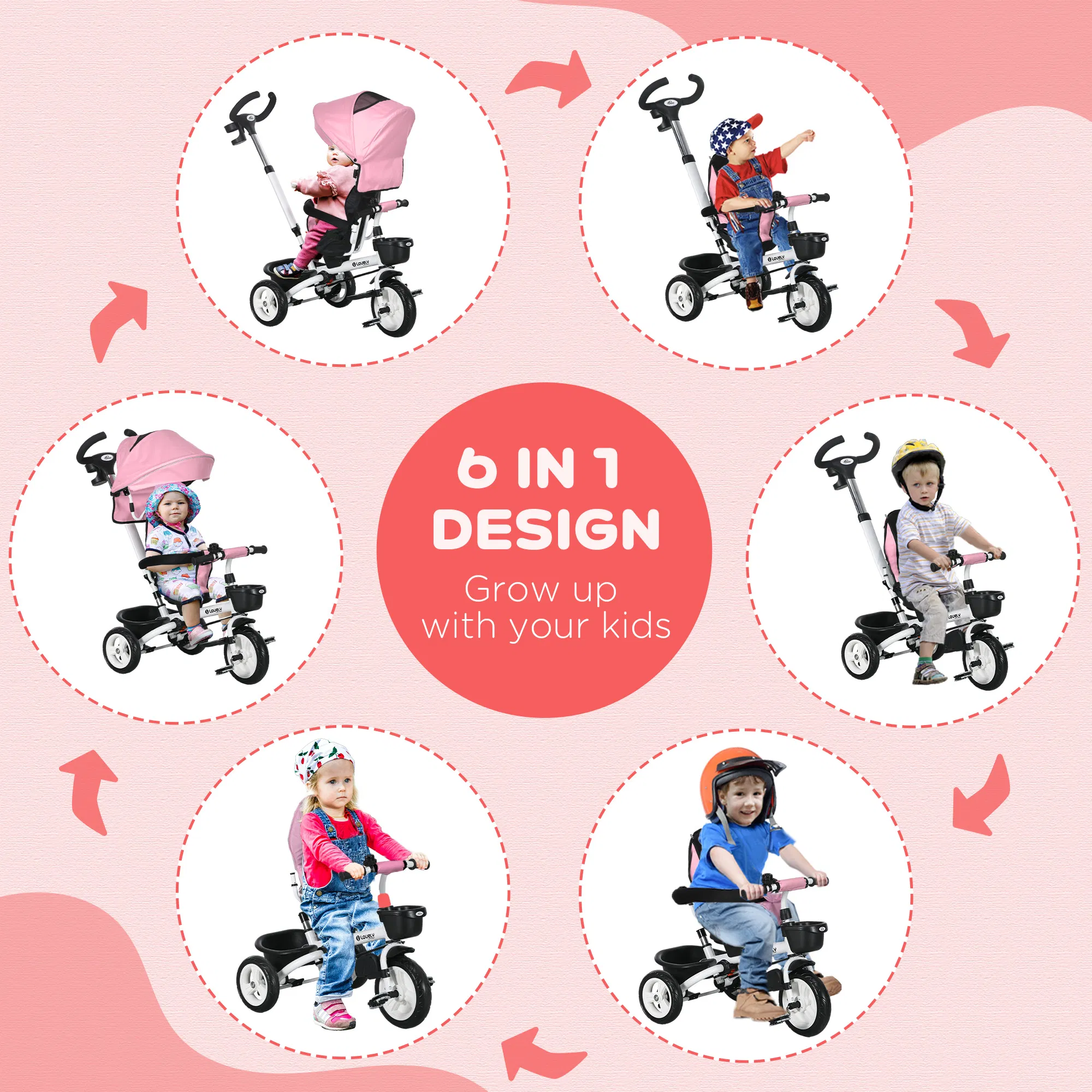 6 in 1 Toddler Tricycle with Parent Push Handle, Canopy, Storage Baskets, Cupholder, Pink photo 5