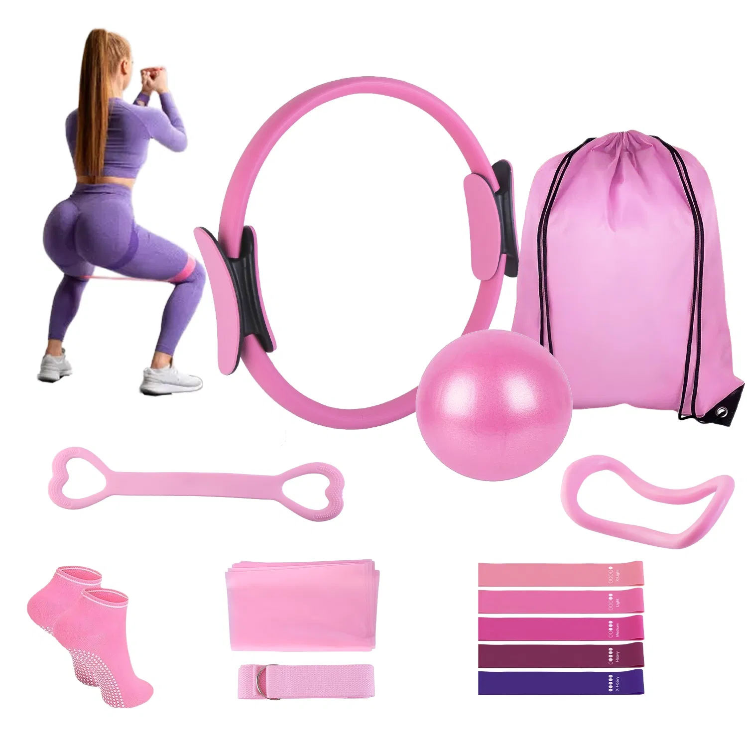 14Pcs Pilates Ring Set with Resistance Bands Yoga Ball Non-Slip Socks, All-in-One Home Gym Equipment for Core Arm Back Training, Portable for Travel photo 1