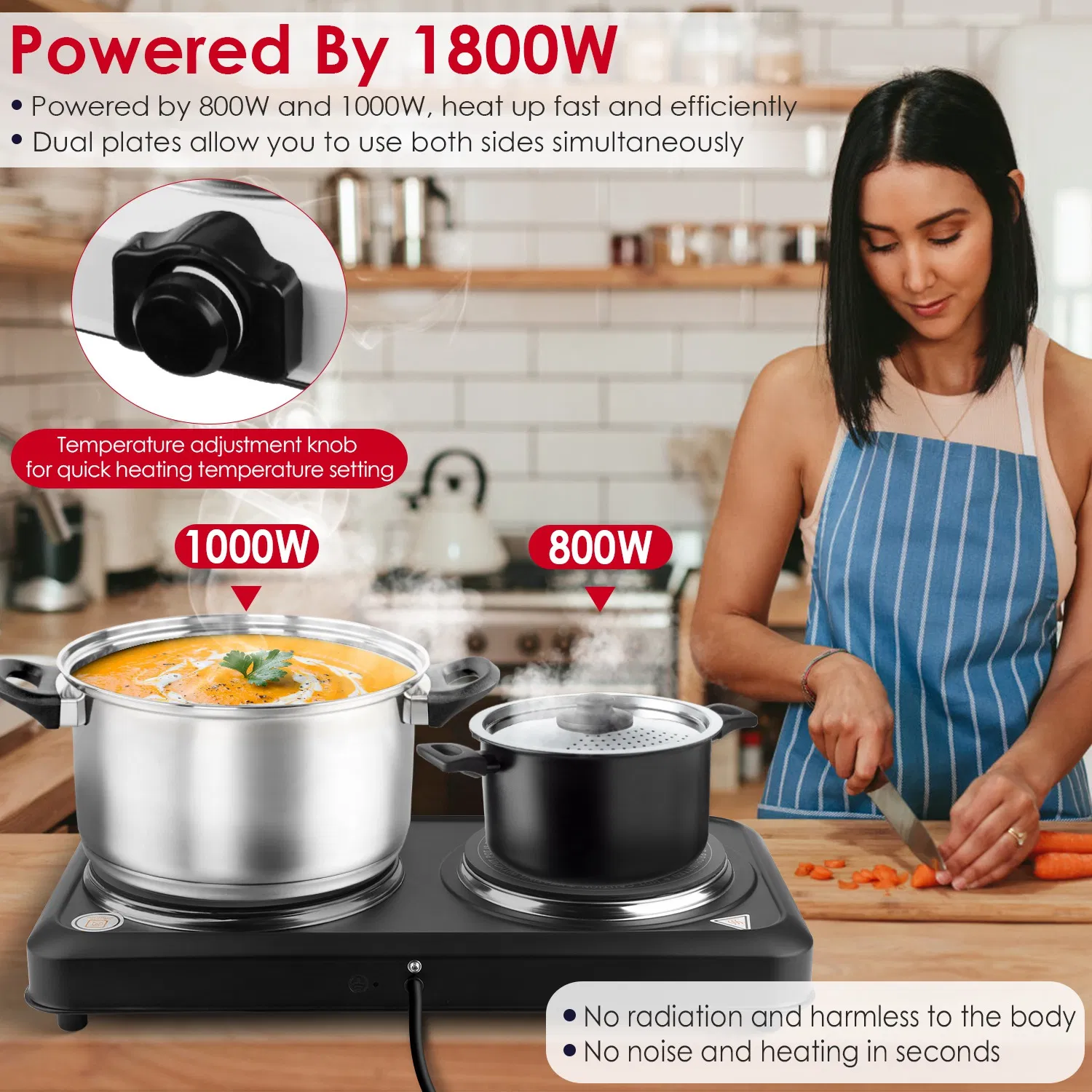 Infrared Dual Burner Hot Plate - 1000W & 800W  Glass Plates, Quick/Even Heating, 302-1022 Stepless Temp, Auto Shut-Off, Compatible with Flat-Bottom Cookware, Compact Portable for Dorms/RVs photo 4
