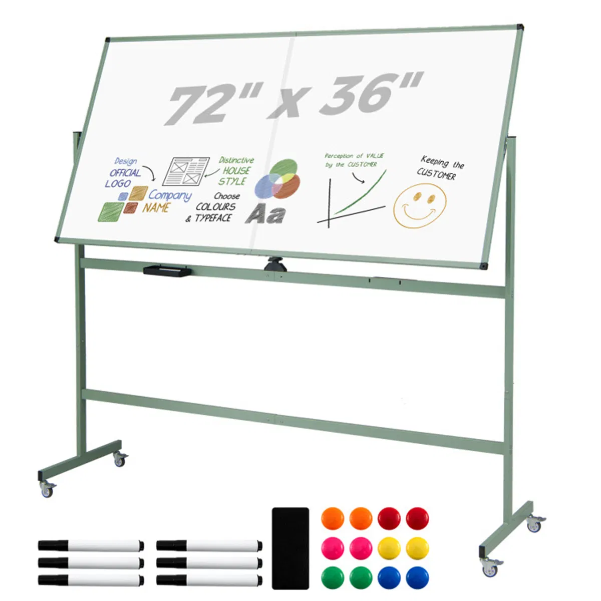 360° Rotating Double-Sided Magnetic Whiteboard, 182.88×91.44cm Writing Surface Mobile Dry Erase Board with Casters, Green photo 1
