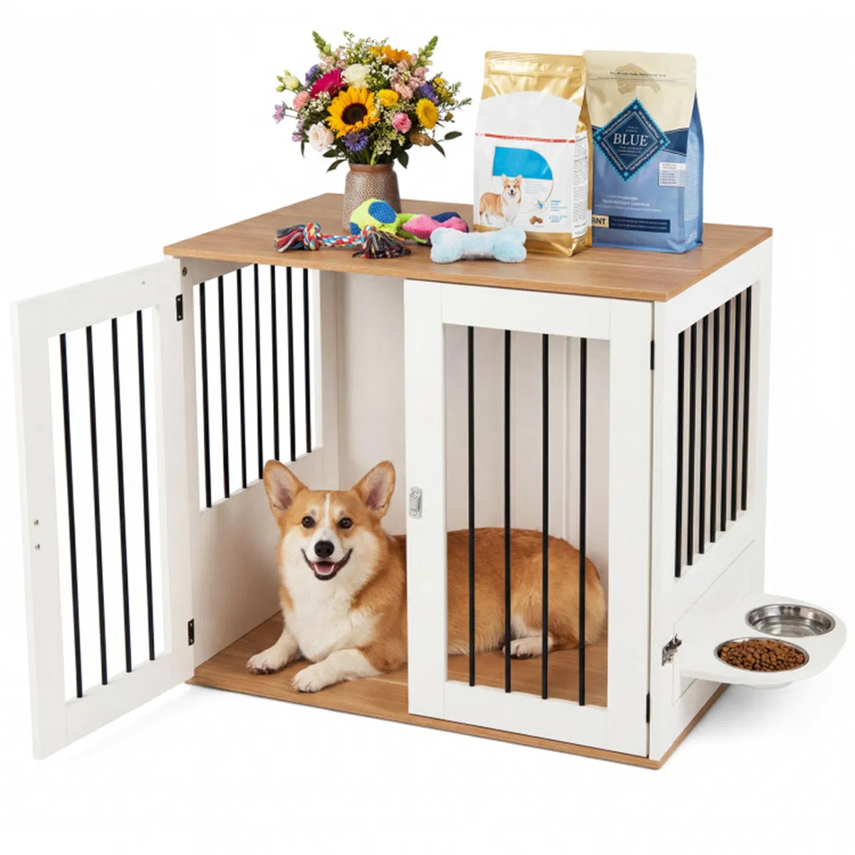 Furniture Style Dog Crate with 360° Rotating Feeder & 304 Stainless Steel Bowls, Double Locking Indoor Dog Kennel photo 1