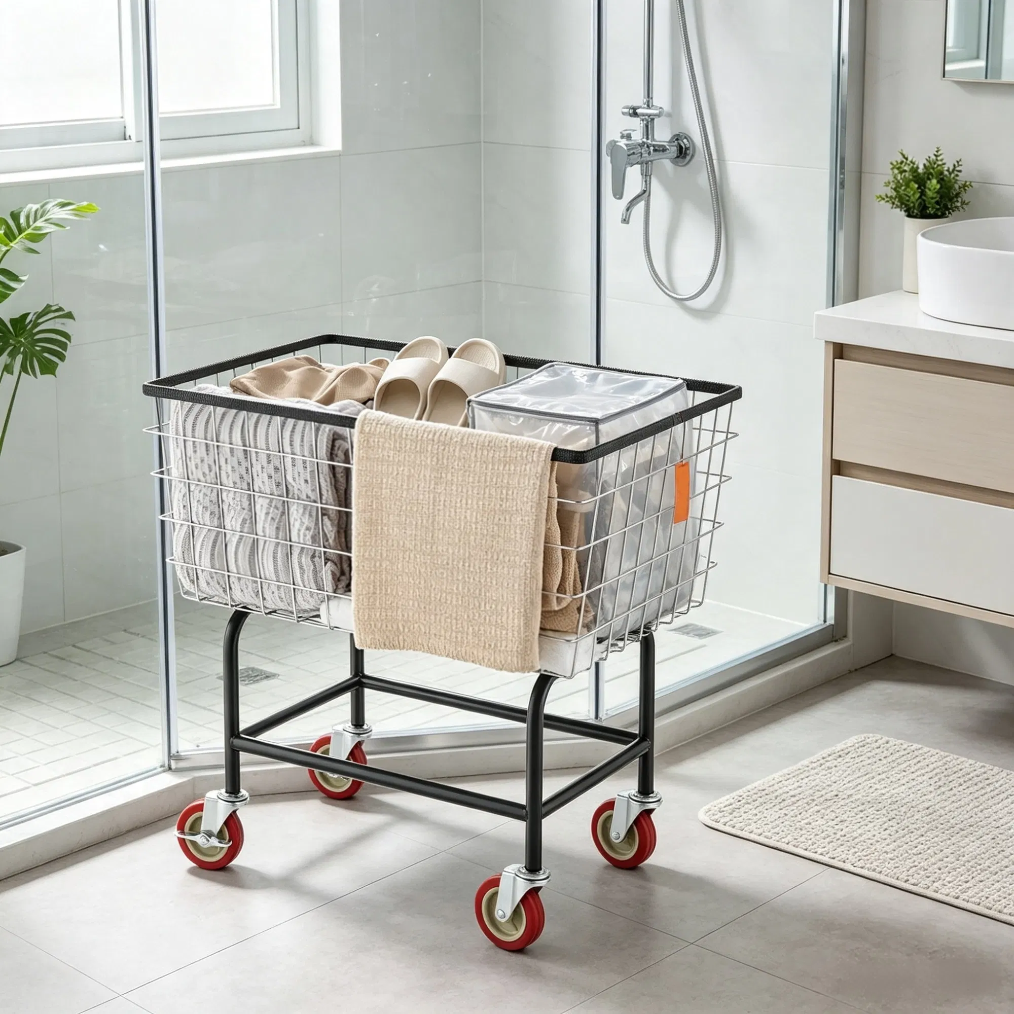 Wire Laundry Cart, 2.8 Bushel Wire Laundry Basket with Wheels, 26.7" x 21.7" x 26.4" Commercial Grade photo 1