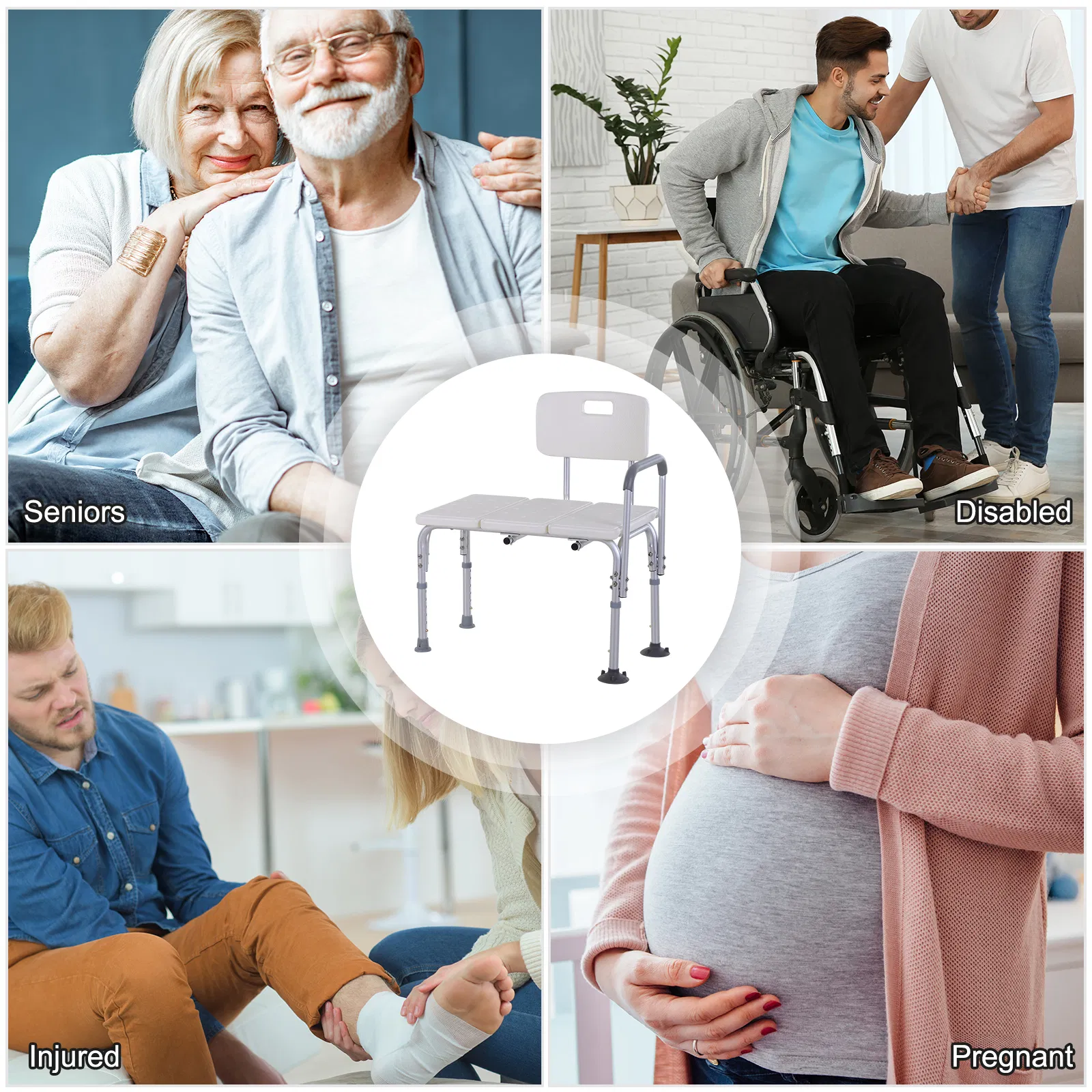 6-Level Adjustable Bath and Shower Transfer Bench Aluminum Chair with Non-Slip Feet, Armrest & Backrest White photo 4