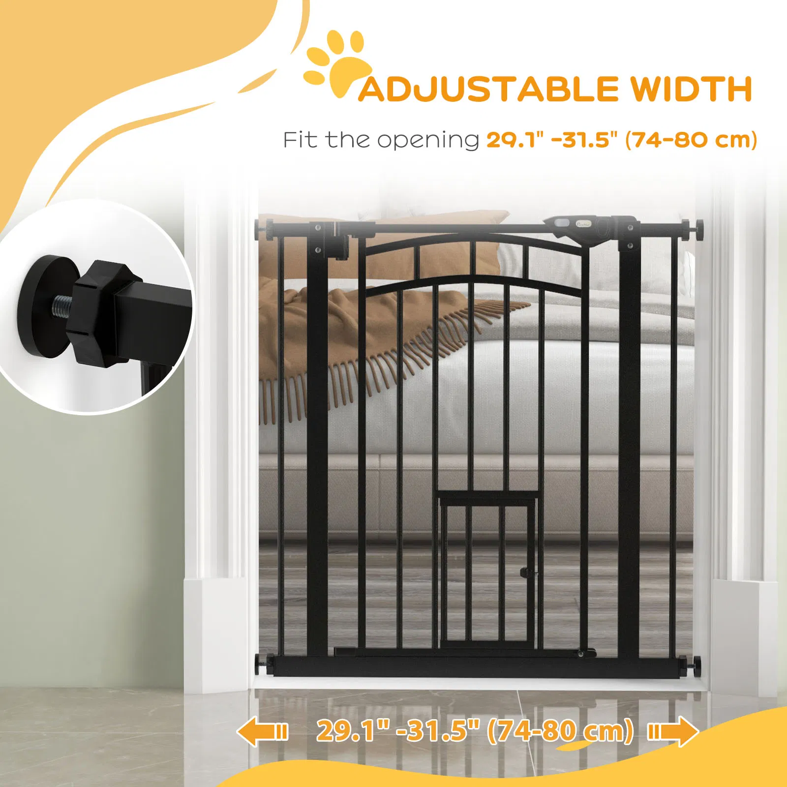 Auto-Close Pet Gate, Stair Gate with Cat Door, Double Locking for Doorways Hallways Stairs, Fits 29"-31.5" Wide, Black photo 6