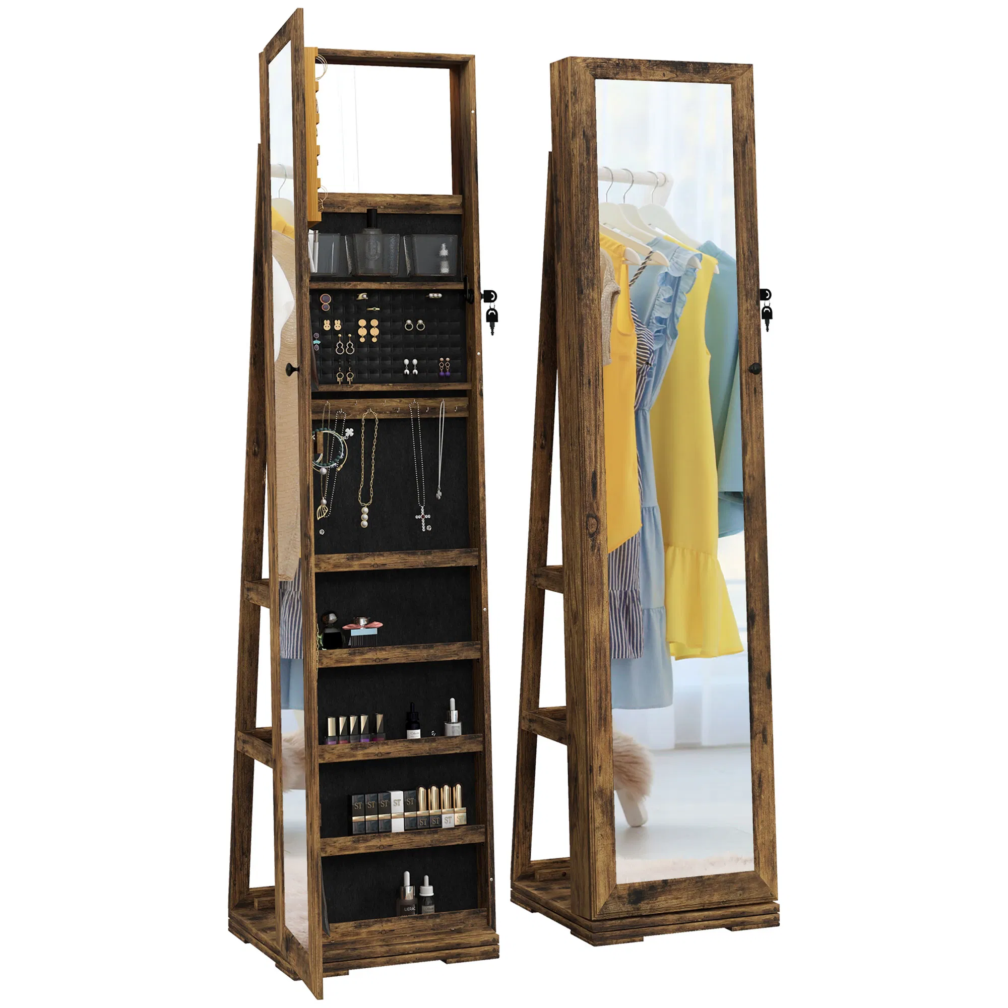 Swivel Jewelry Armoire, Lockable Mirror Jewelry Cabinet with Built-In Small Mirror, Rustic Brown photo 1
