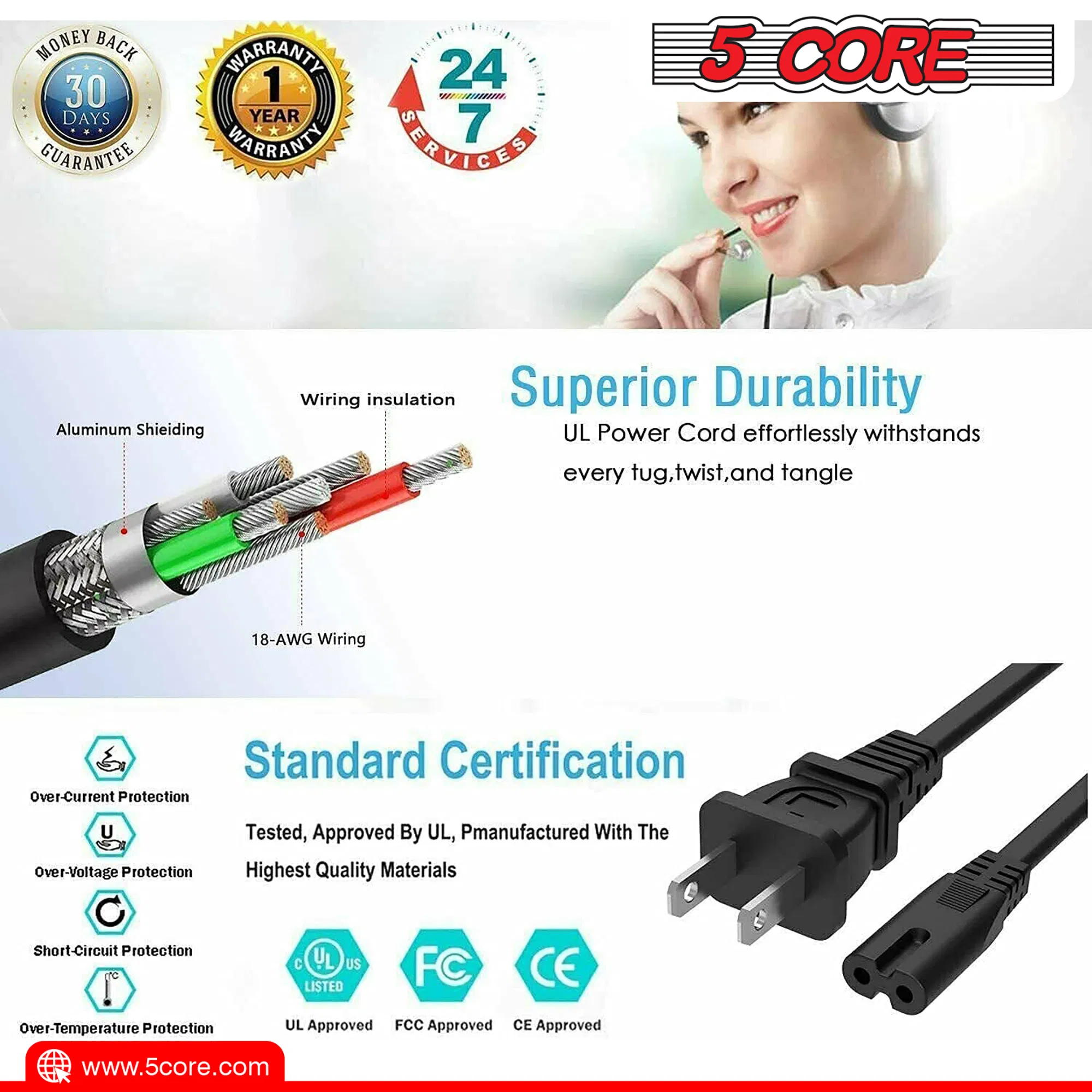 5 Core AC Power Cord 6 Ft ? 2 Prong US Male to Female Extension Adapter ? 16AWG/2C 125V 13A 1/2/5 Pc - PP 1001 photo 4
