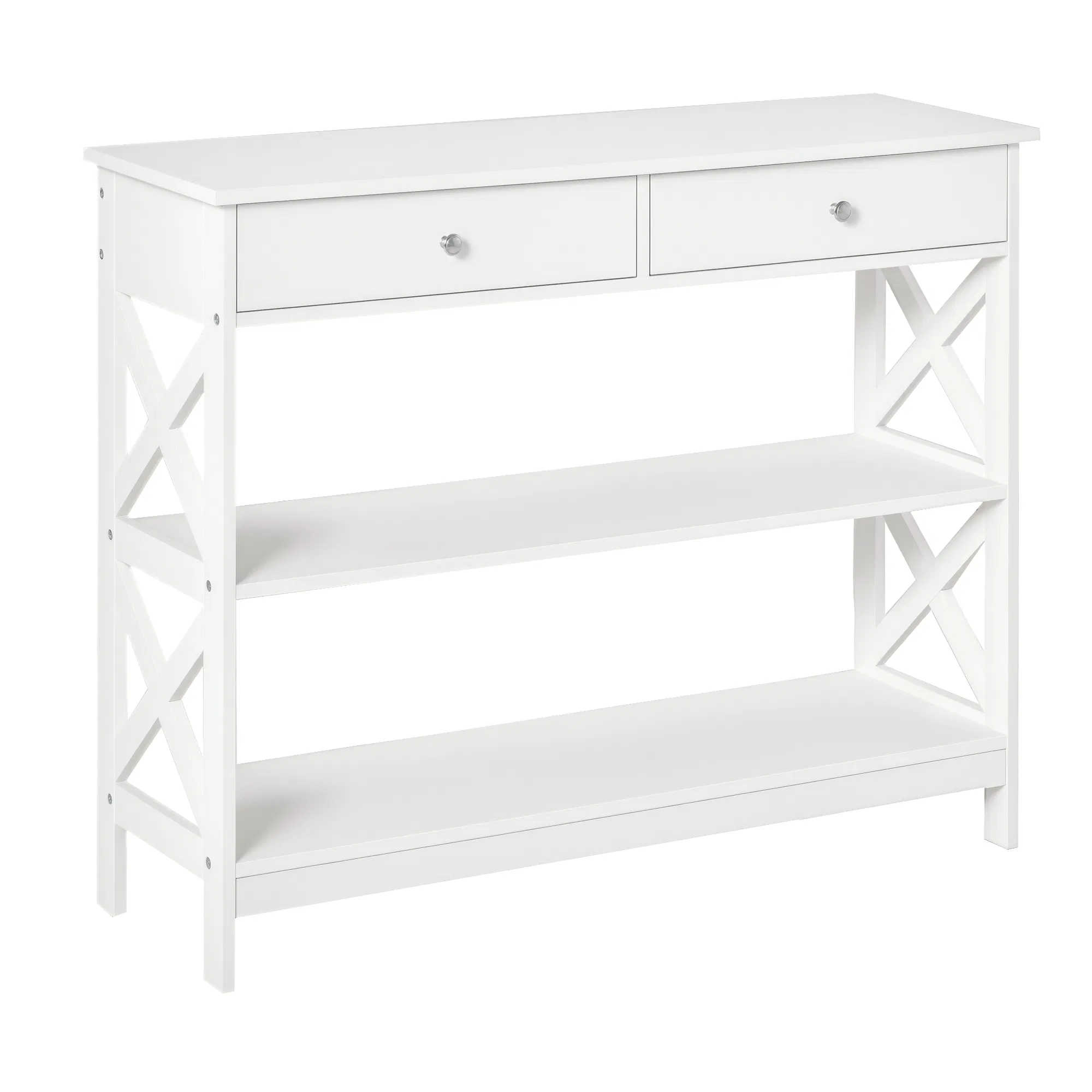 39" Console Table, Narrow Entryway Table with Storage Shelves, Drawers and X Frame for Behind Couch, Living Room, Hallway, White photo 1
