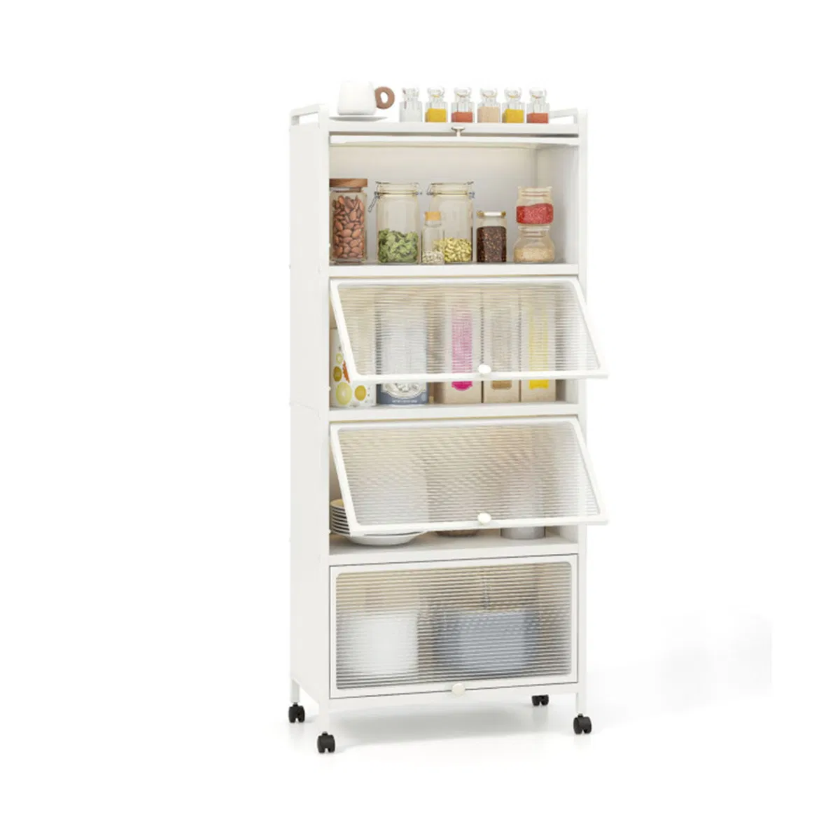 5-Tier Rolling Microwave Stand Flip Dust-Proof Doors 4 Casters with Brakes Kitchen Storage Rack White photo 1