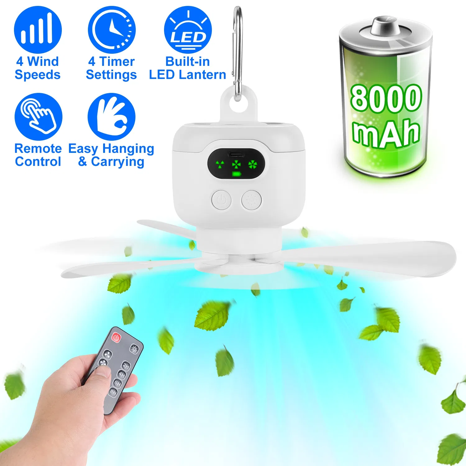2 In 1 Portable Camping Fan with LED Lantern 8000mAh Battery Powered Tent Fan with Carabiner Digital Display 4 Speeds 4 Timer Settings for Camping Canopy Tents RV photo 1