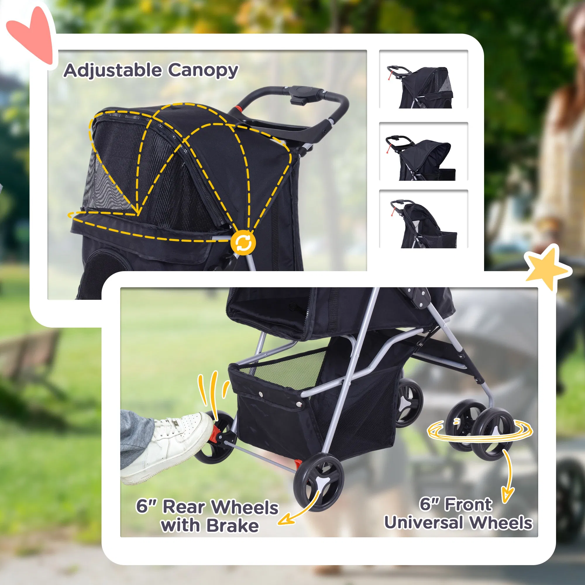 Dog Stroller, One-click Folding Pet Stroller with Cup Holder, 4 Wheels Travel Carrier w/ Brakes, 360° Swiveling Front Wheels, Storage Basket, for XS/Small Dogs Cats, Black photo 3