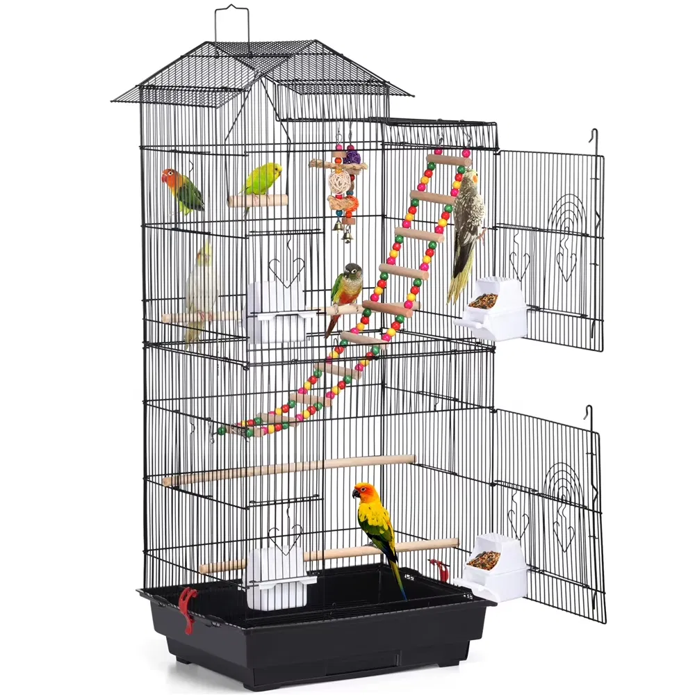 39"H Metal Bird Cage Large Roof Top Huge House for Small Birds, Black photo 7