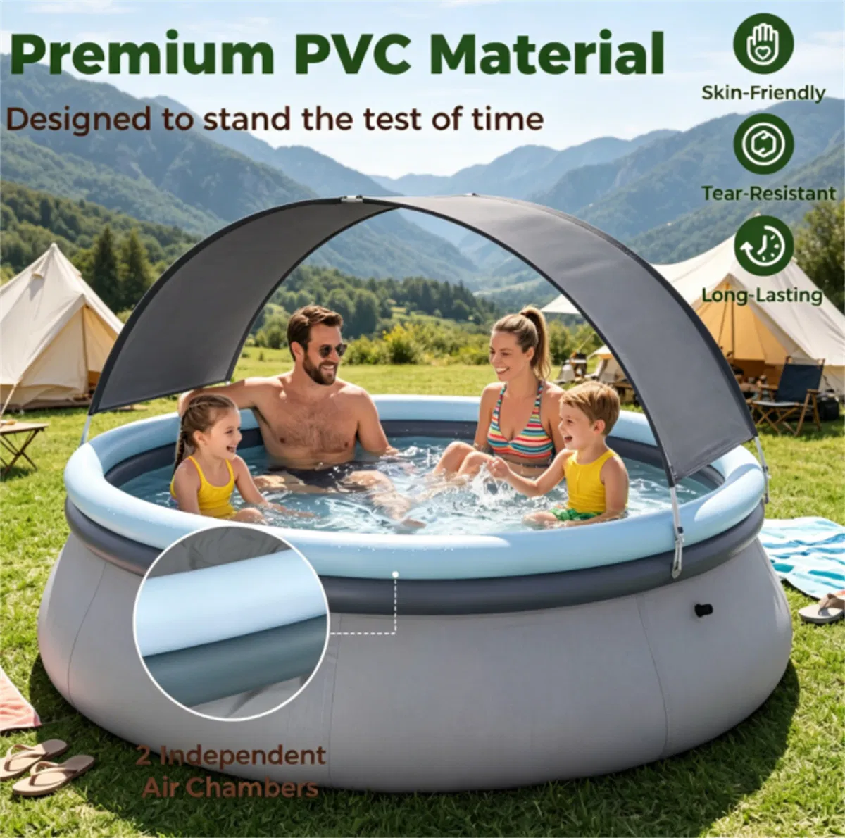 94.5 x 55.5 Large Capacity Outdoor Inflatable Pool with Sunshade Tent, TearResistant PVC BlowUp Pool with Repair Kit, 4Person Portable Family Swimming Pool photo 6