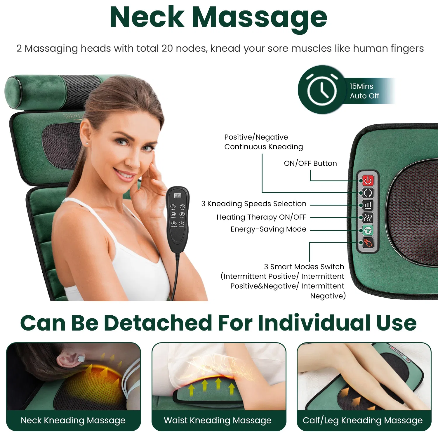 Full Body Massage Pad with Separable Shiatsu Neck & Foot Massagers, Adjustable Inflatable Waist Pillow 3 Heat Levels Custom Vibration Settings Foldable Design with Carry Bag photo 8