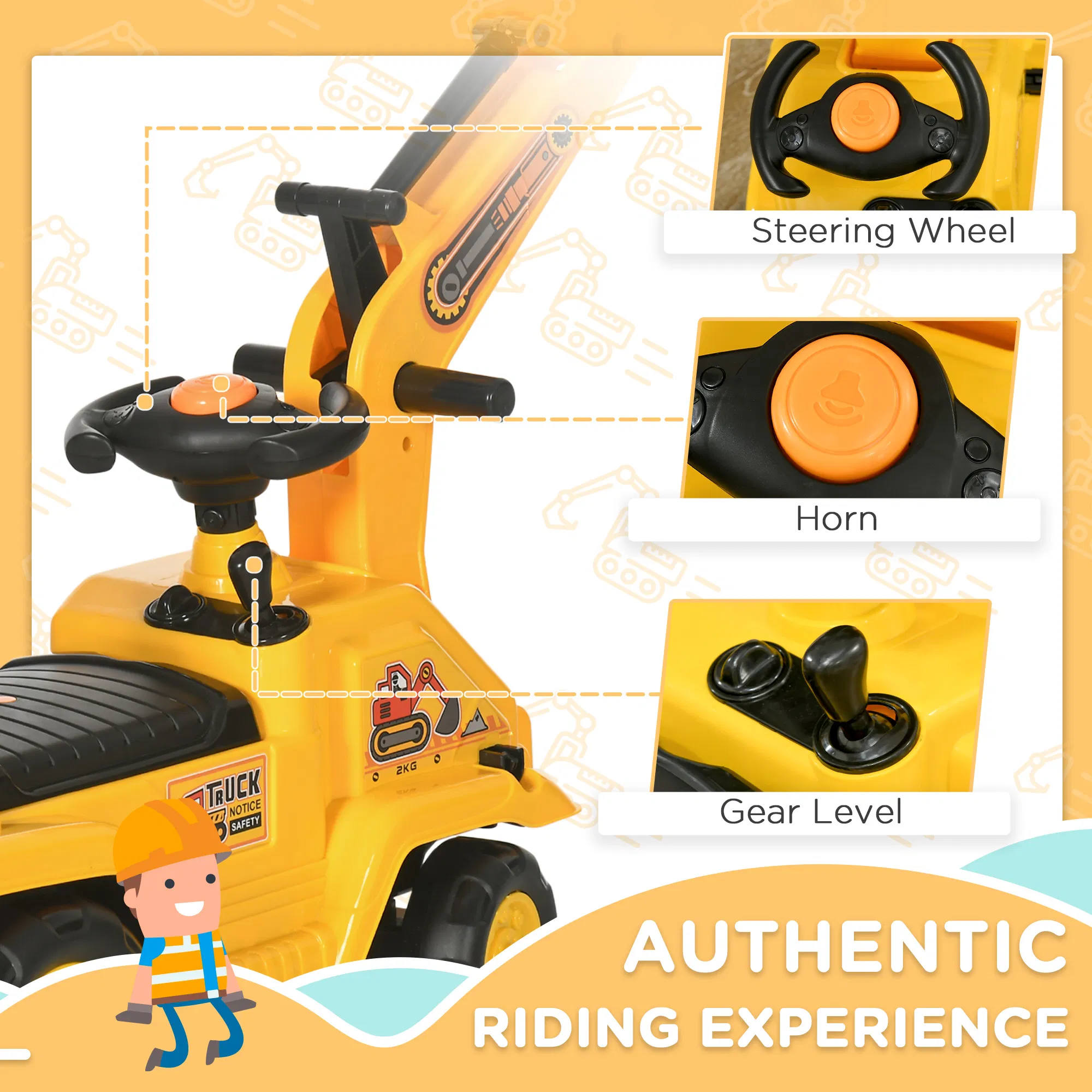 NO POWER 3 in 1 Ride On Toy Excavator Digger Scooter Pulling Cart Pretend Play Construction Truck photo 2