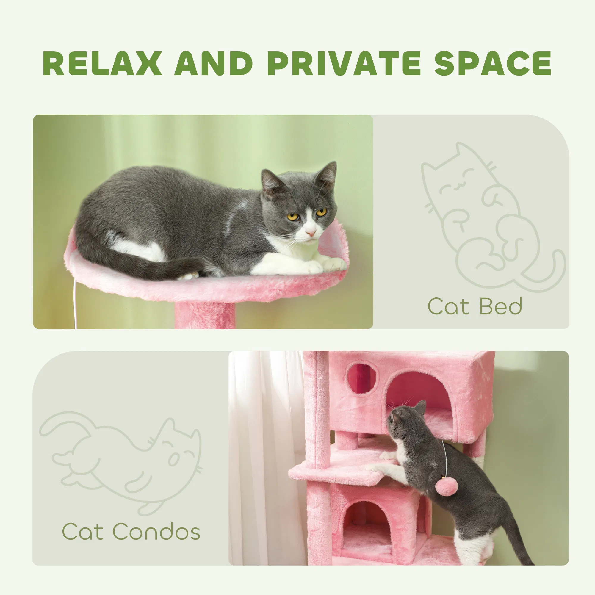 54" Cat Tree, Multi-Level Cat Tower with Scratching Posts, Cat Condos, Bed, Platforms, Ramp, Toy Ball, Pink photo 2