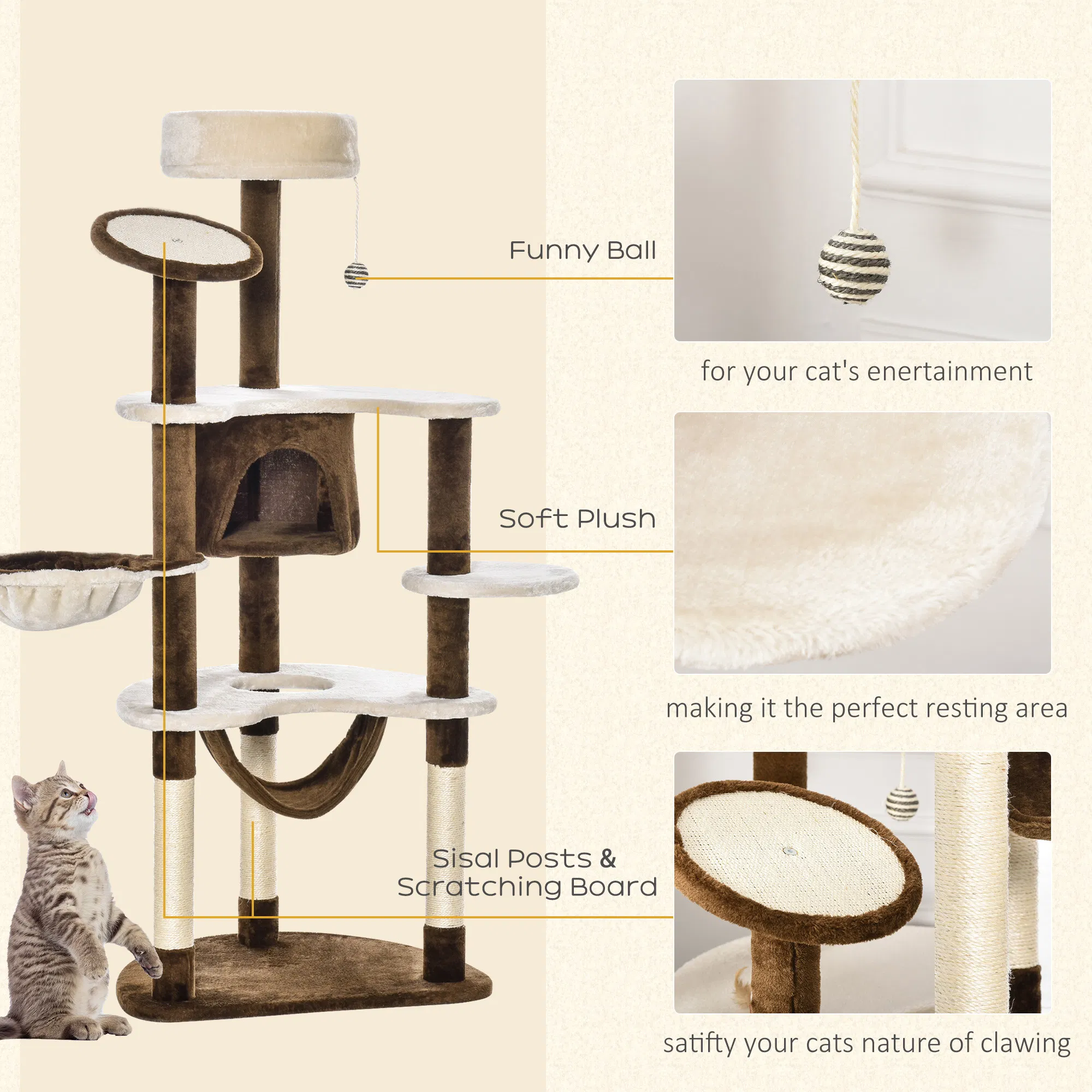 60" Cat Scratching Tree, Cat Bed Condo Post House Pet Furniture Toys-Brown & Beige photo 5