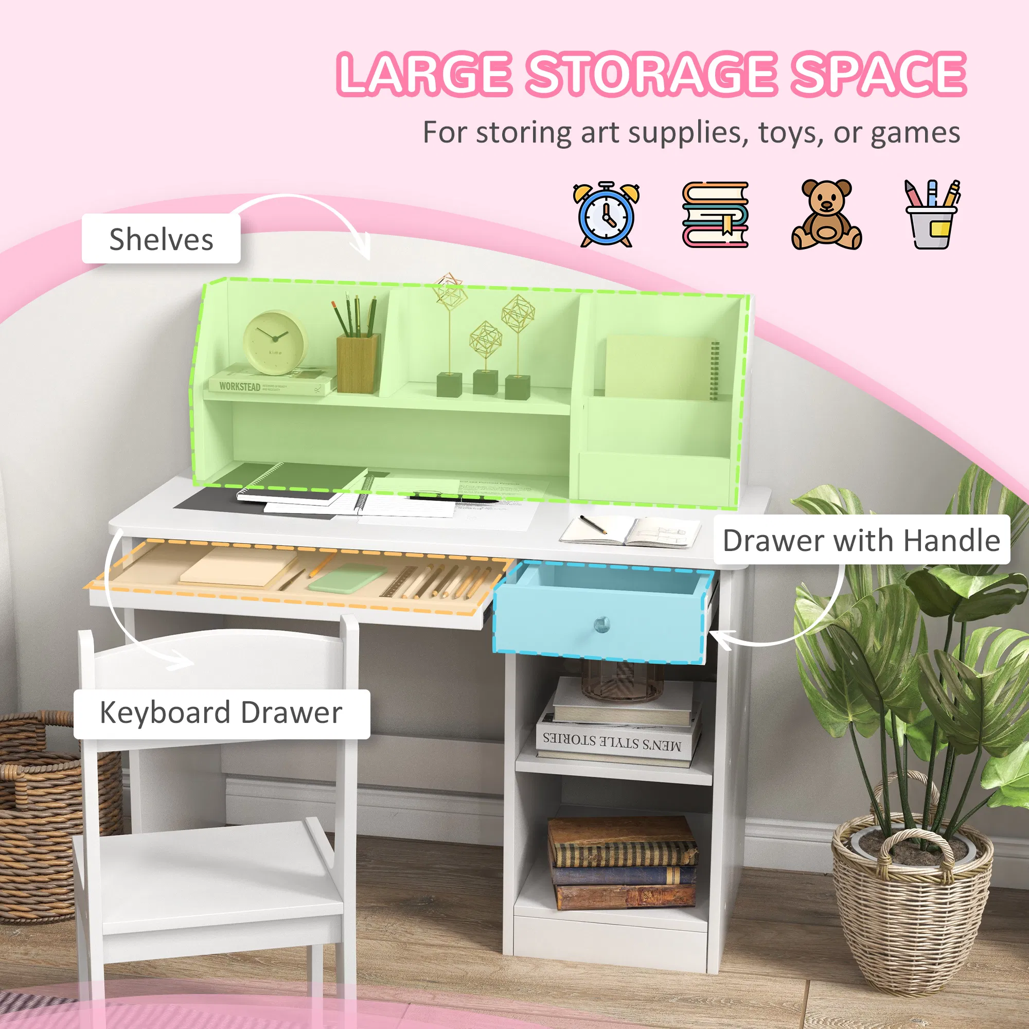 Kids Desk and Chair Set for 5-8 Year Old with Storage, Study Table and Chair for Children, White photo 6