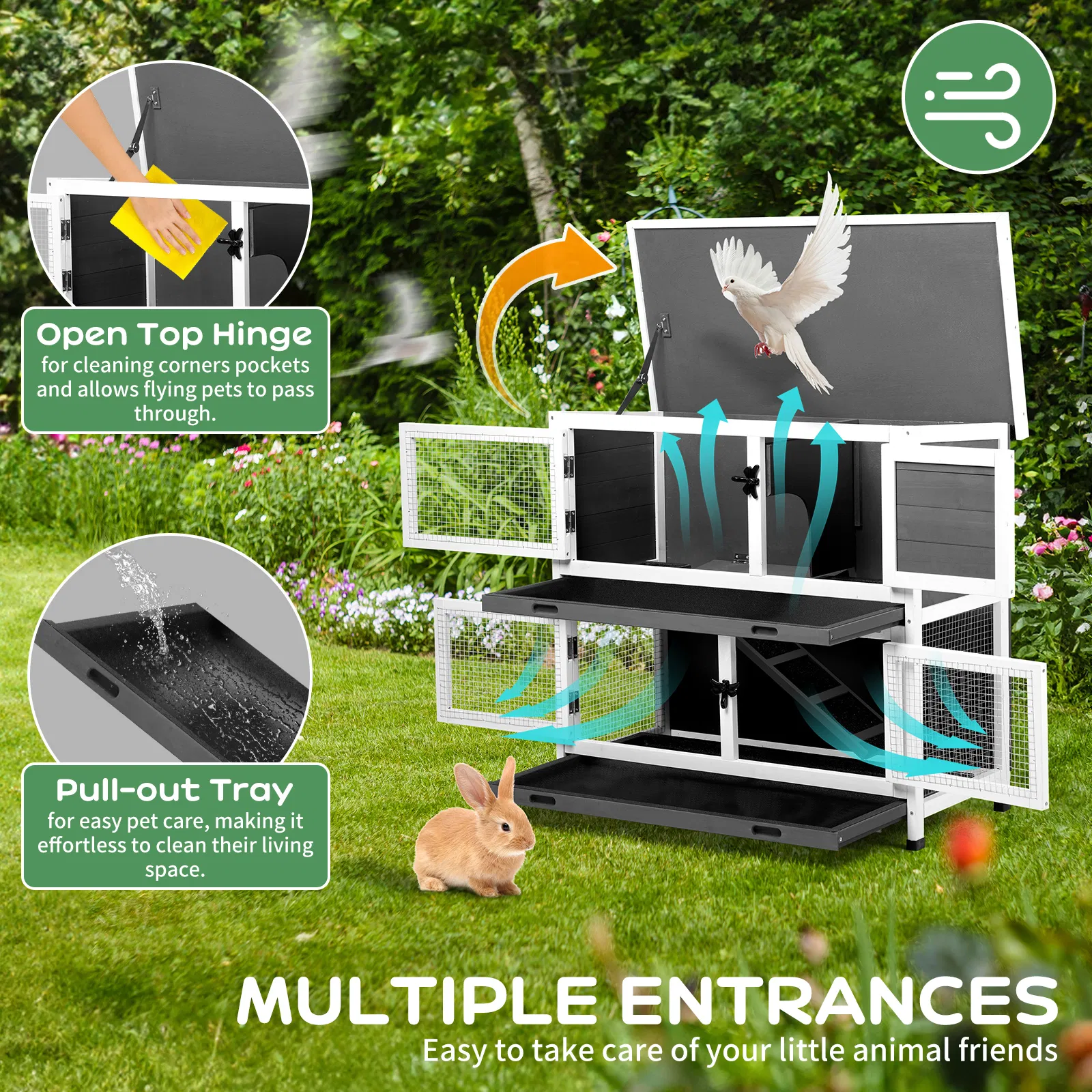 2 Story Solid Wood Rabbit Hutch Bunny Cage with 2 Large Main Rooms, Indoor Outdoor Rabbit House Guinea Pig Cage Pet House for Small Animals with 2 Removable Trays, Grey photo 4