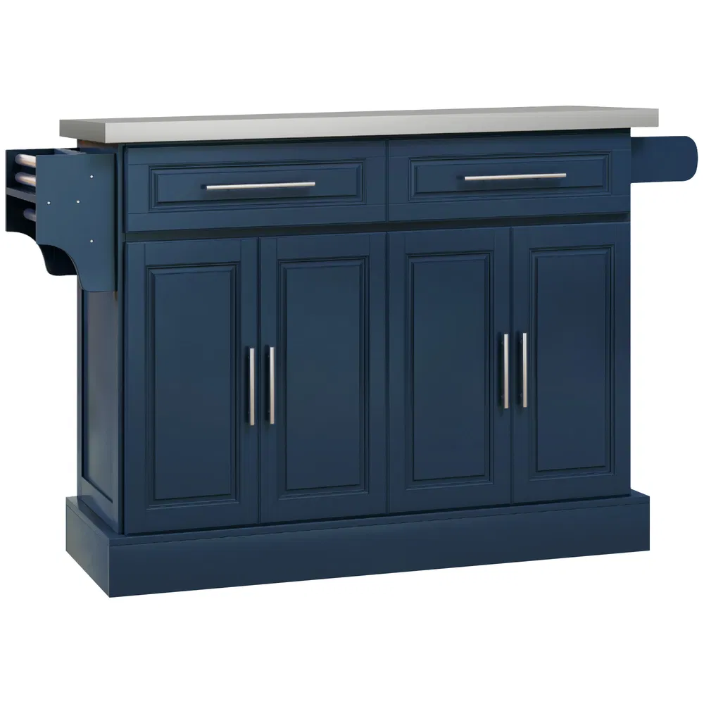 Rolling Kitchen Island with Storage and Stainless Steel Top, Kitchen Trolley with Drawers, Cabinets, Towel Rack, Blue photo 7